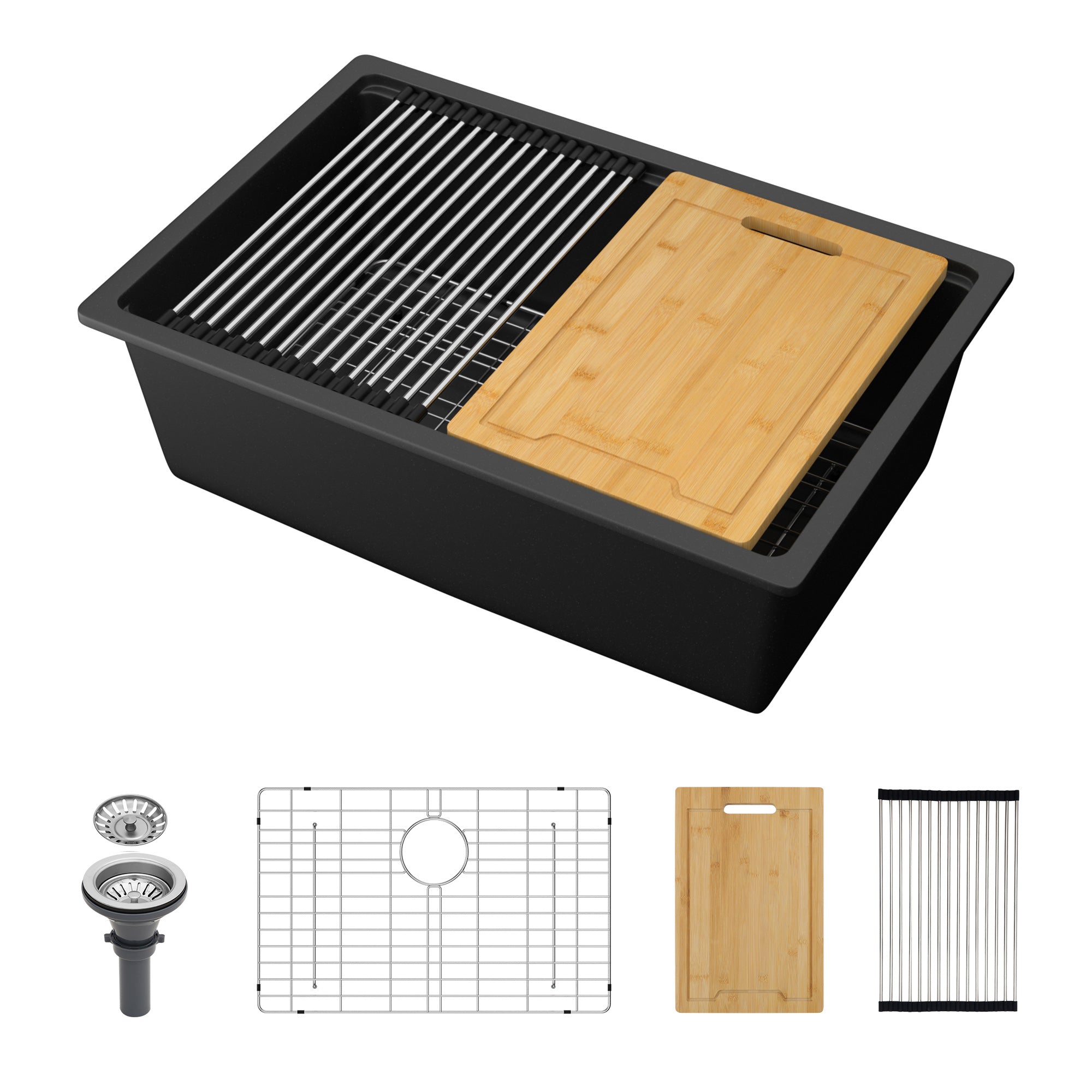28" x 19" Undermount Single Bowl Quartz/Granite Composite Kitchen Sink with Workstation in Matte Black RX-QS01-2819B