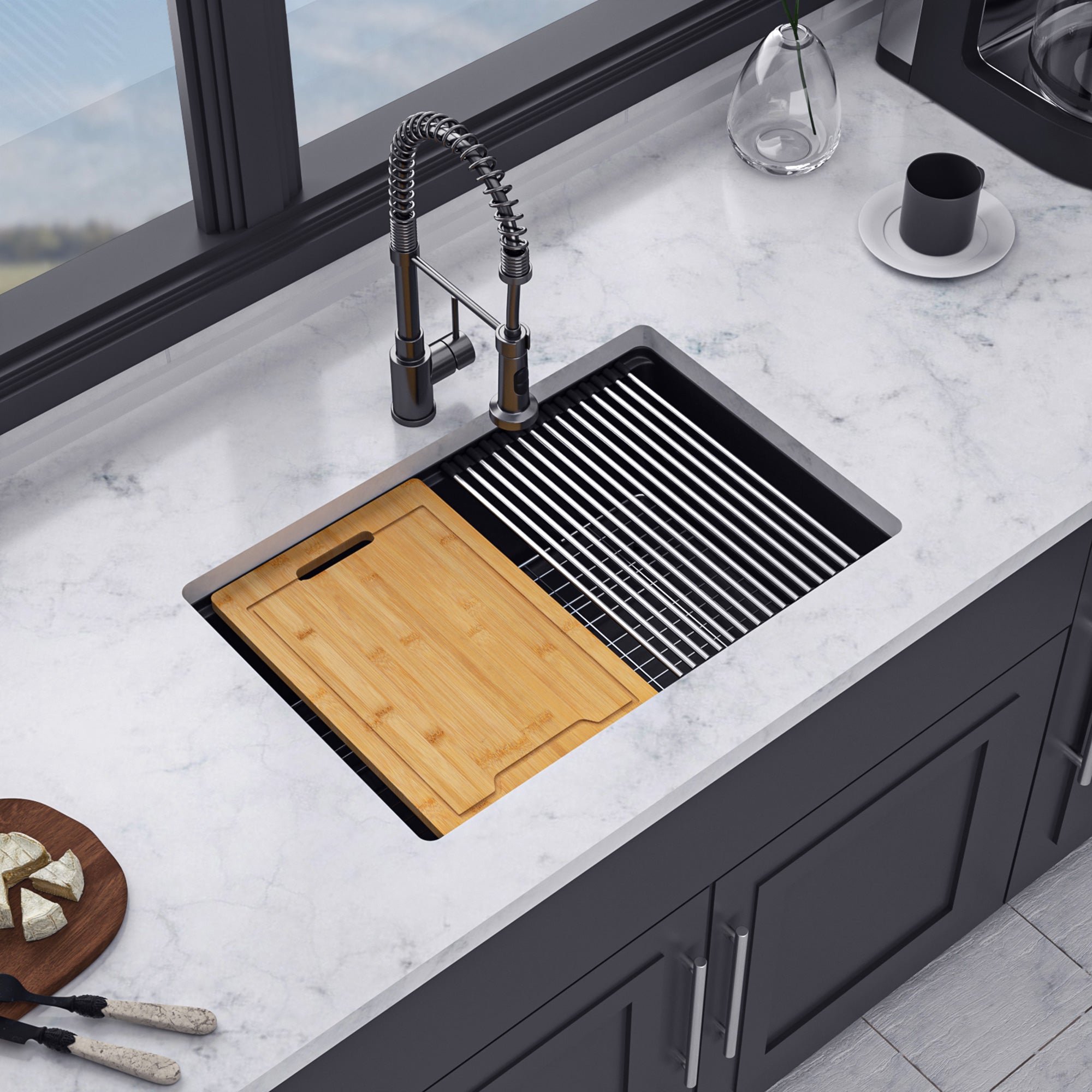 28" x 19" Undermount Single Bowl Quartz Composite Workstation Sink, Matte Black