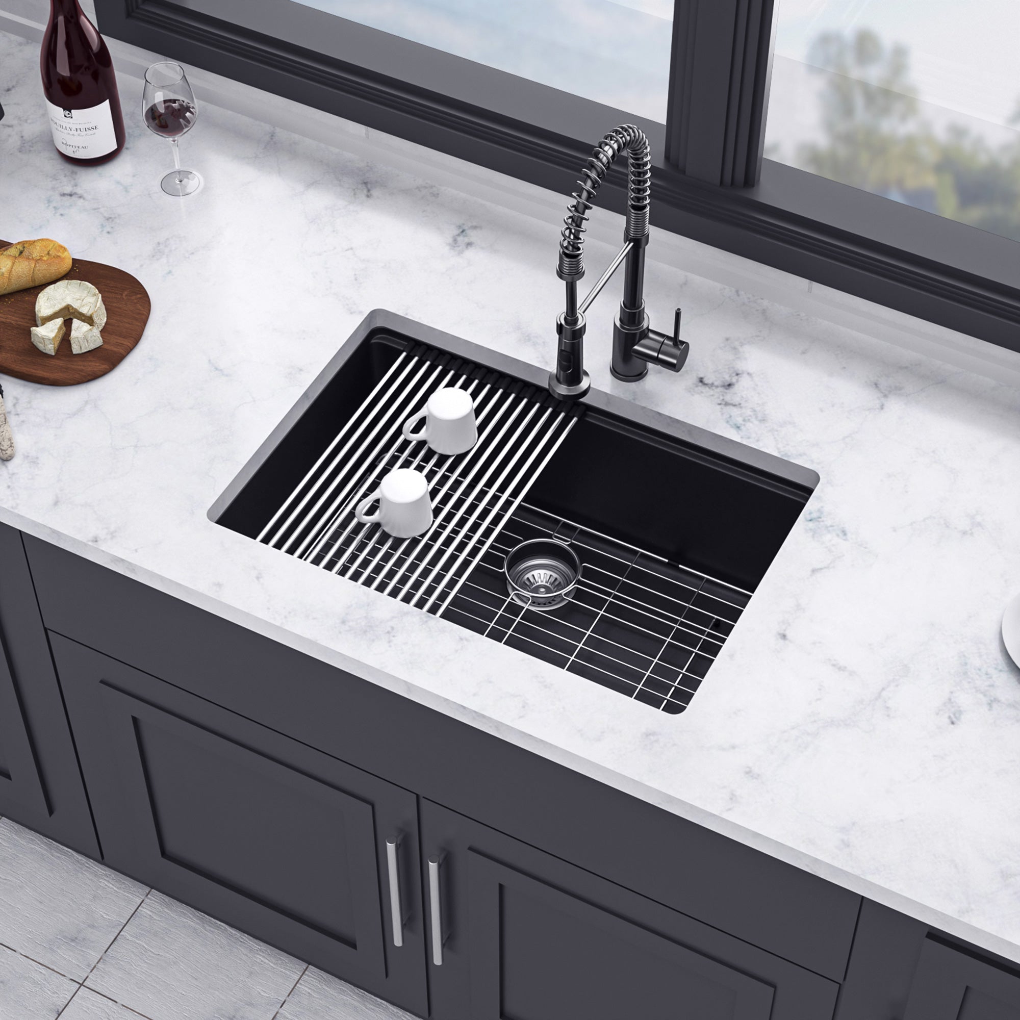 28" x 19" Undermount Single Bowl Quartz Composite Workstation Sink, Matte Black
