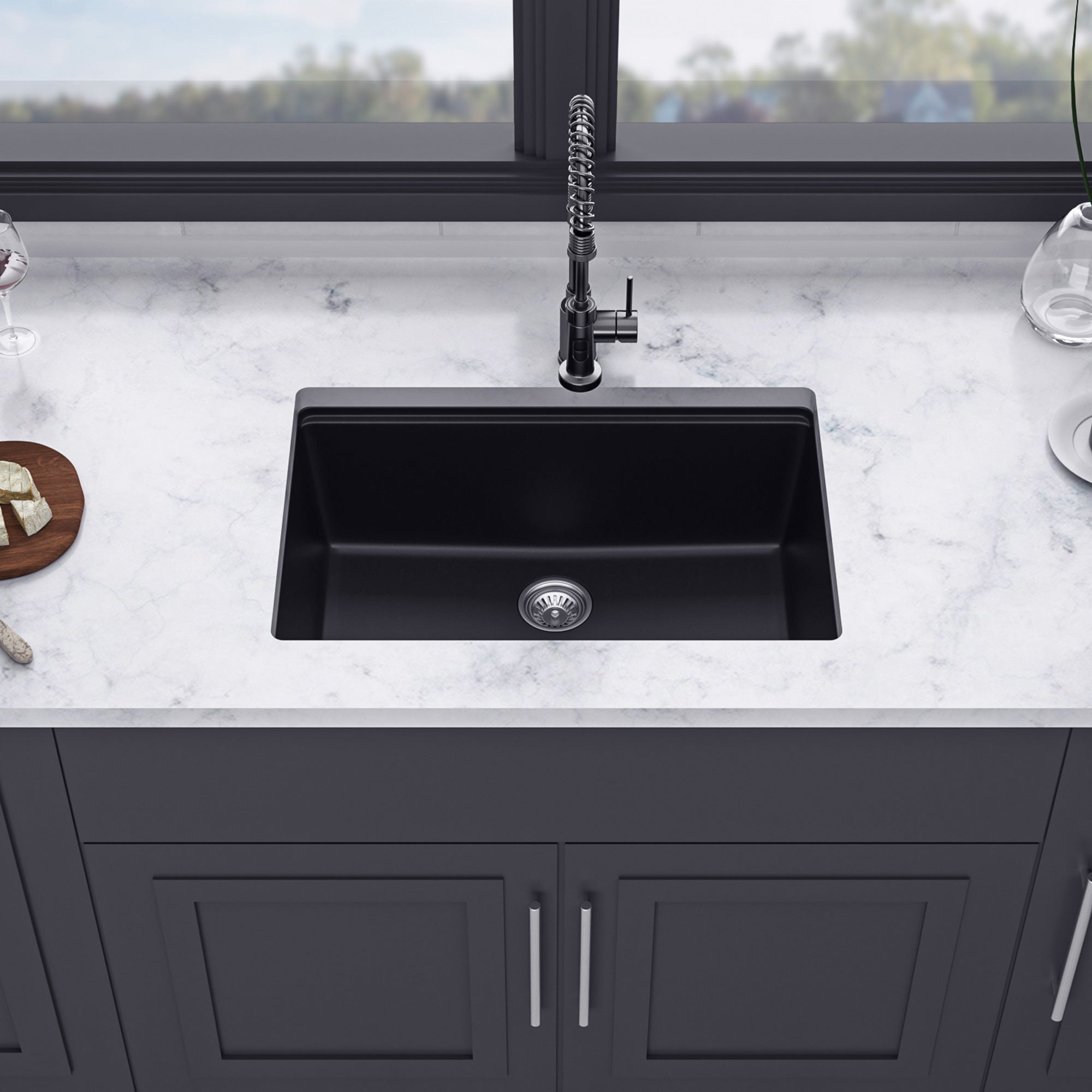 28" x 19" Undermount Single Bowl Quartz Composite Workstation Sink, Matte Black
