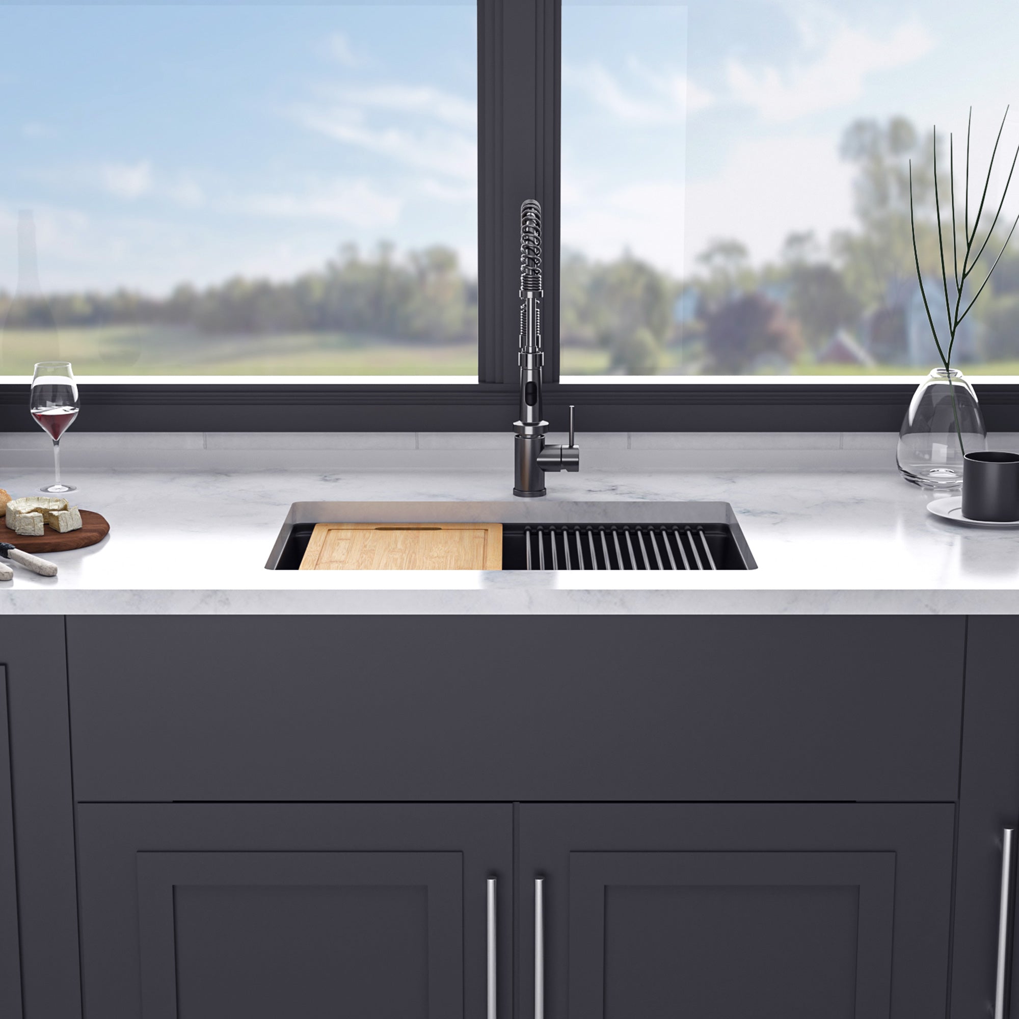 28" x 19" Undermount Single Bowl Quartz Composite Workstation Sink, Matte Black