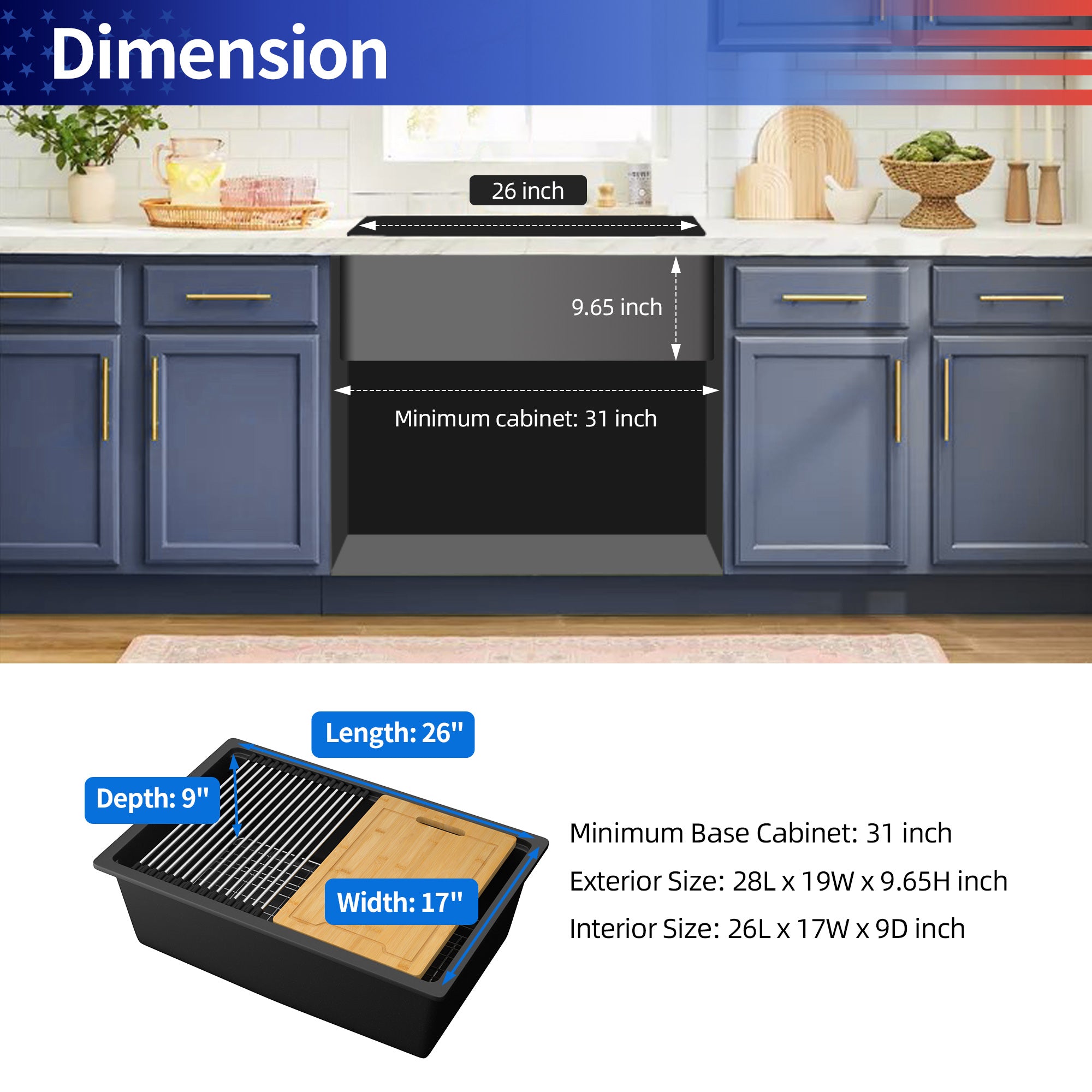28" x 19" Undermount Single Bowl Quartz Composite Workstation Sink, Matte Black