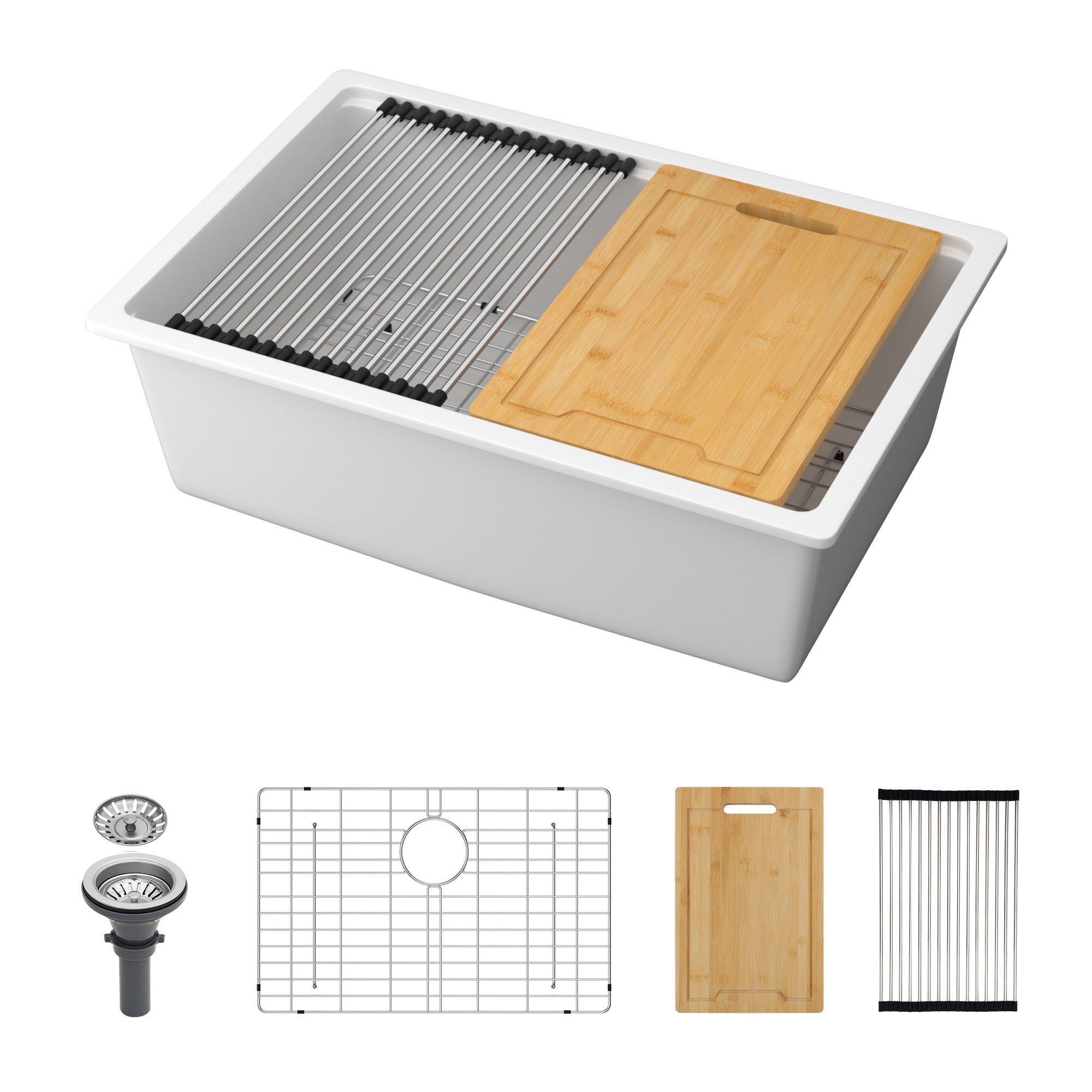 28" x 19" Undermount Single Bowl Quartz/Granite Composite Kitchen Sink with Workstation in Matte White RX-QS01-2819W