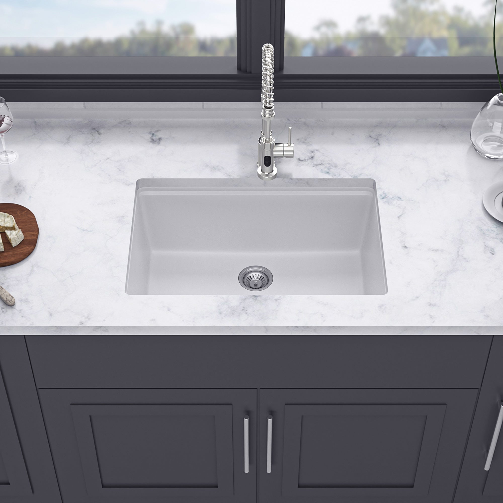 28" x 19" Undermount Single Bowl Quartz Composite Workstation Sink, Matte White