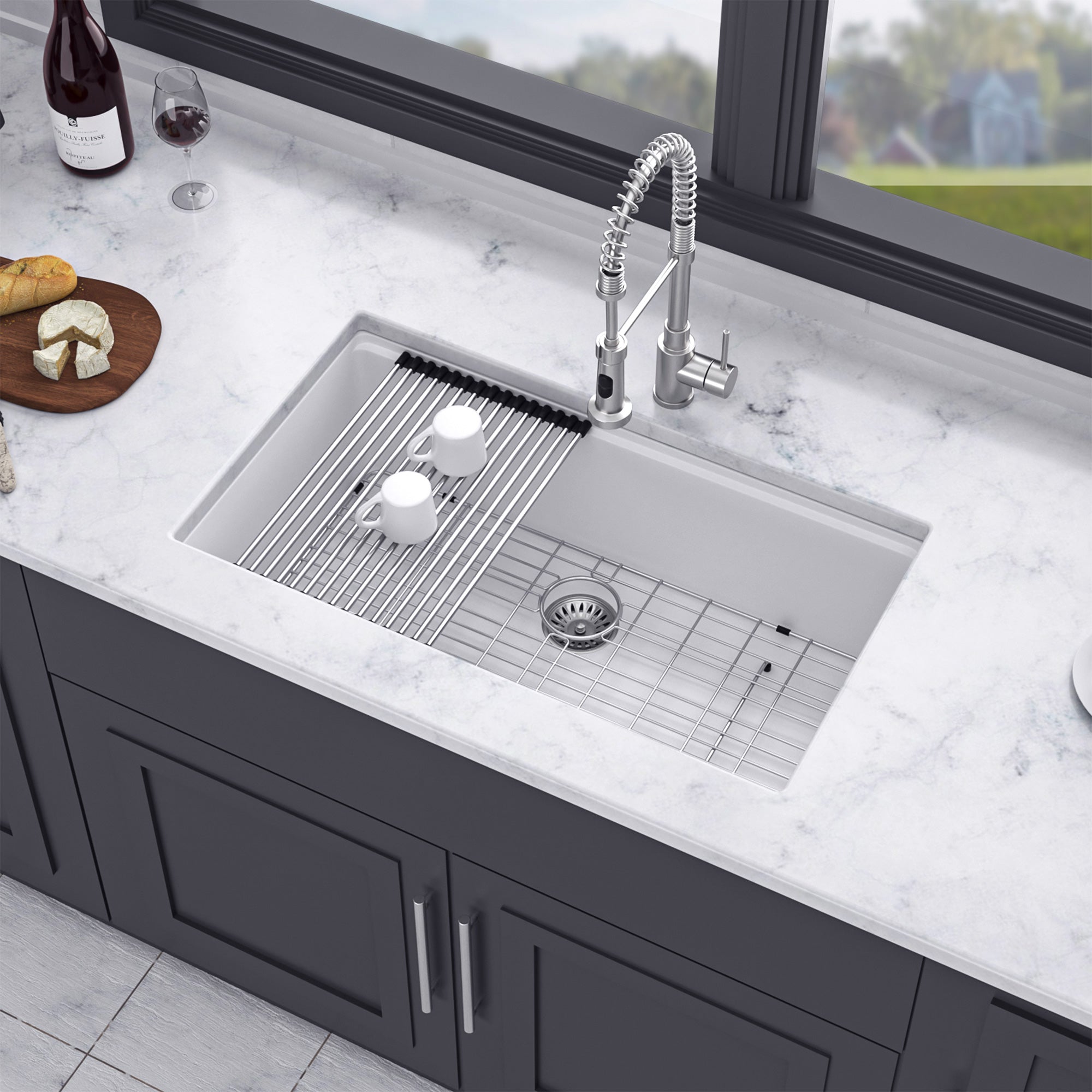 30" x 19" Undermount Single Bowl Quartz Composite Workstation Sink, Matte White