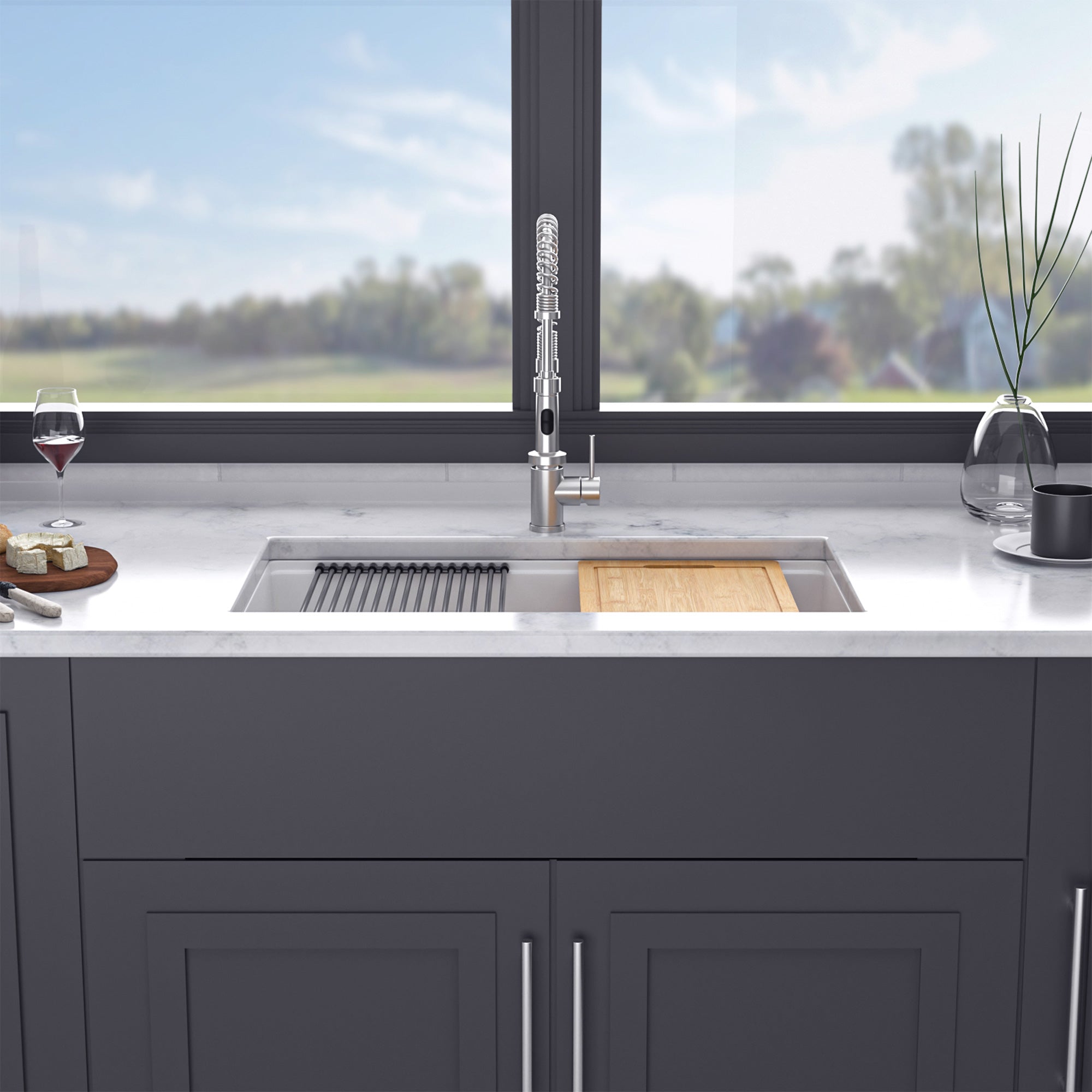 30" x 19" Undermount Single Bowl Quartz Composite Workstation Sink, Matte White