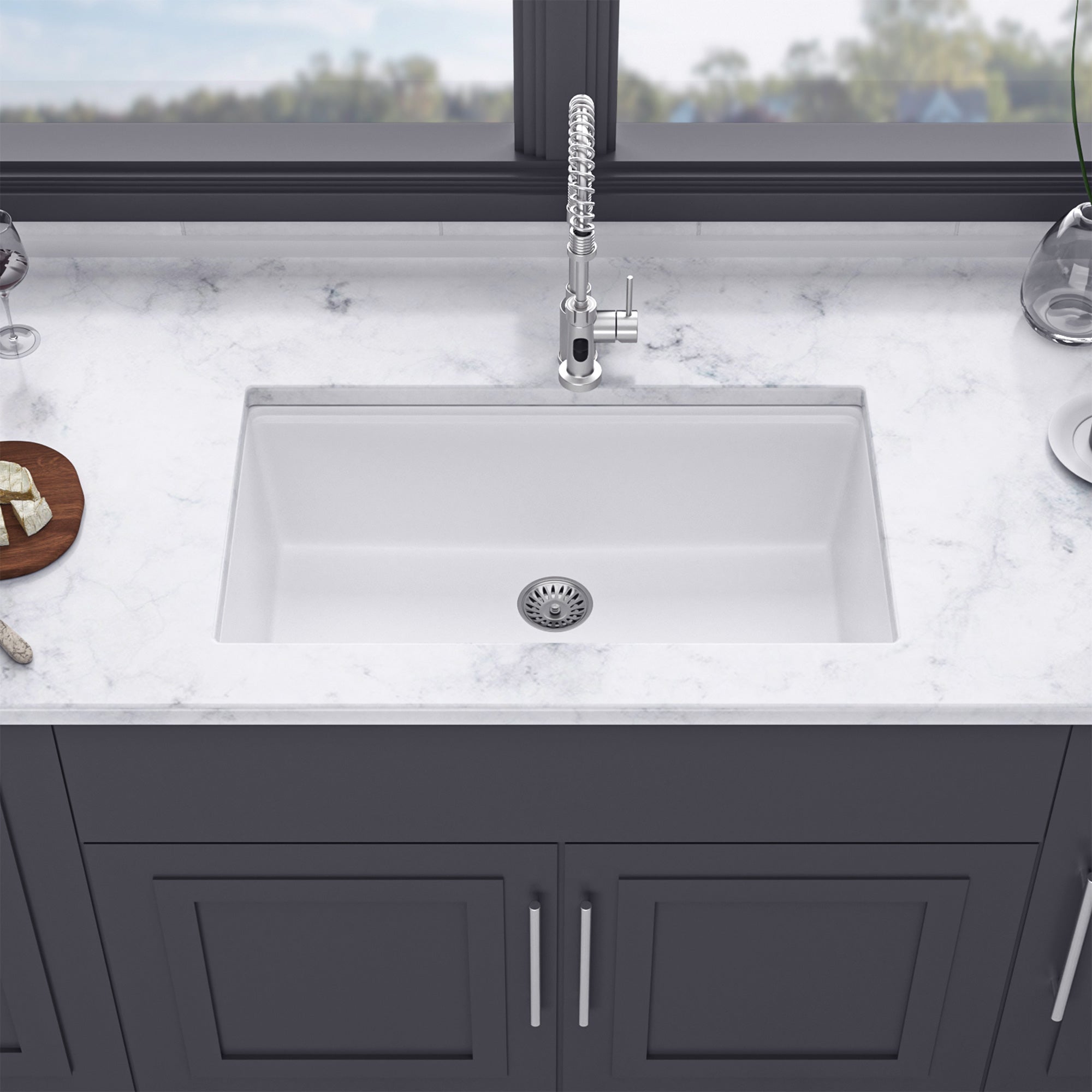 30" x 19" Undermount Single Bowl Quartz Composite Workstation Sink, Matte White