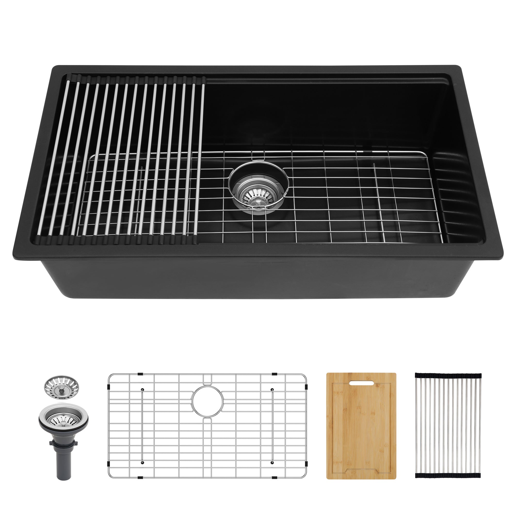 Évier de cuisine en composite de quartz/granit à cuve simple sous plan de 33 po x 19 po avec poste de travail en noir mat RX-QS01-3319B