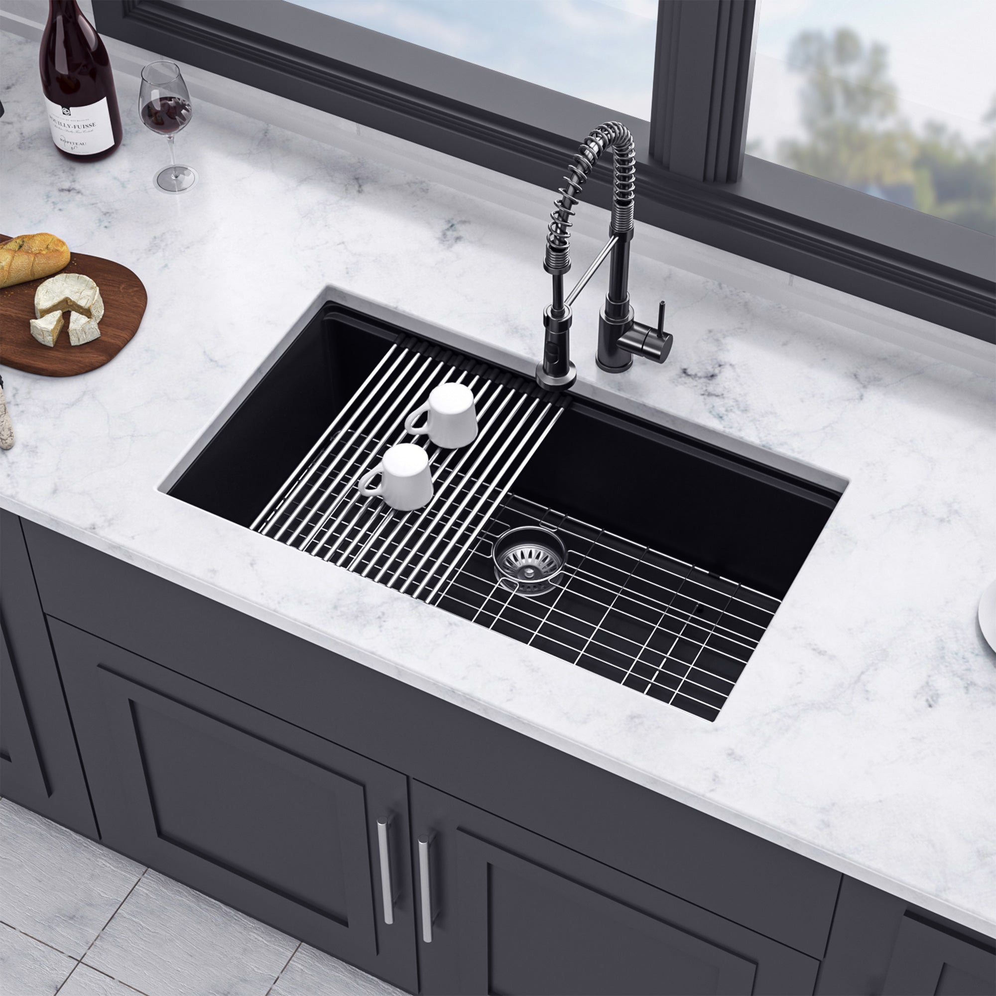 Évier de cuisine en composite de quartz/granit à cuve simple sous plan de 33 po x 19 po avec poste de travail en noir mat RX-QS01-3319B