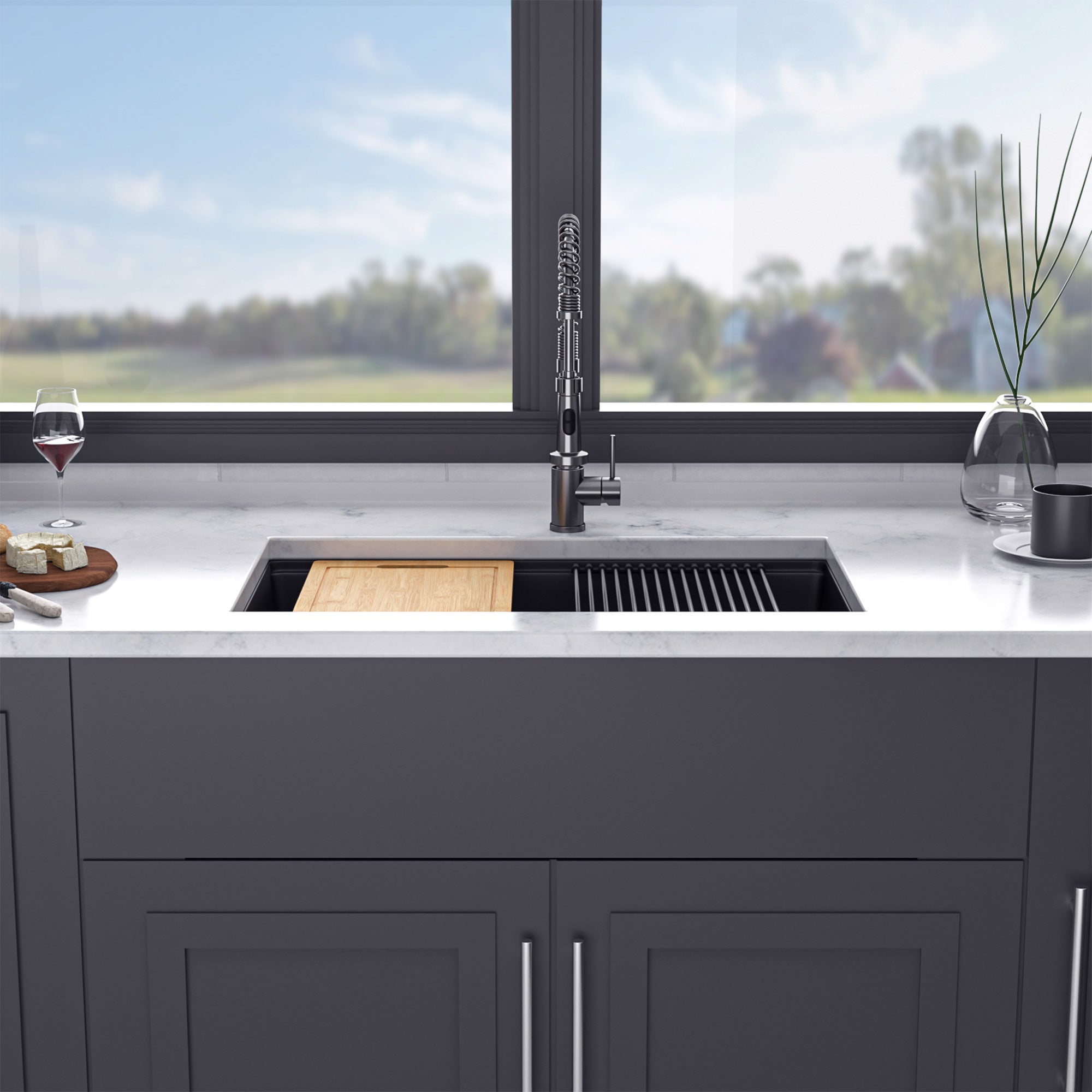Évier de cuisine en composite de quartz/granit à cuve simple sous plan de 33 po x 19 po avec poste de travail en noir mat RX-QS01-3319B