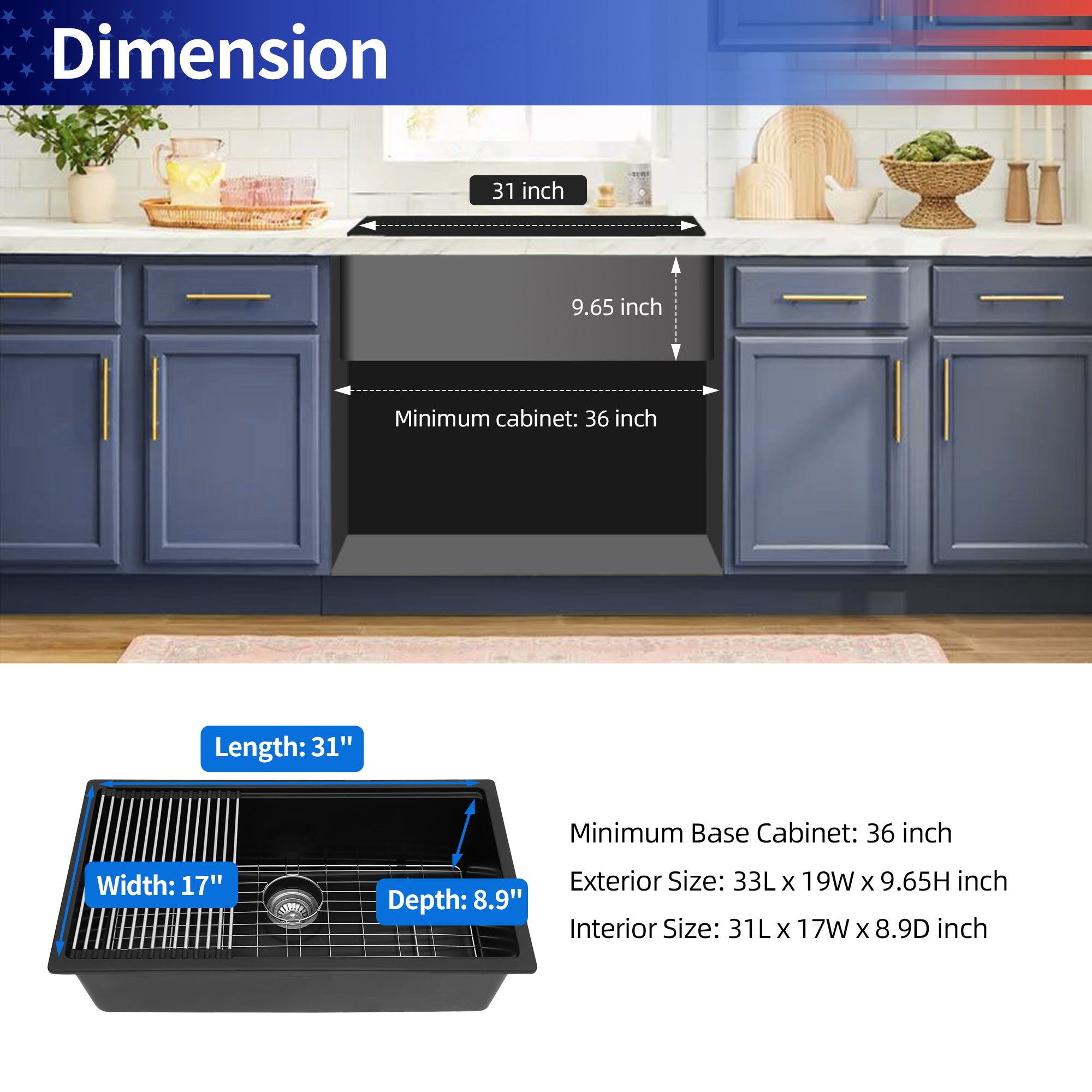 Évier de cuisine en composite de quartz/granit à cuve simple sous plan de 33 po x 19 po avec poste de travail en noir mat RX-QS01-3319B