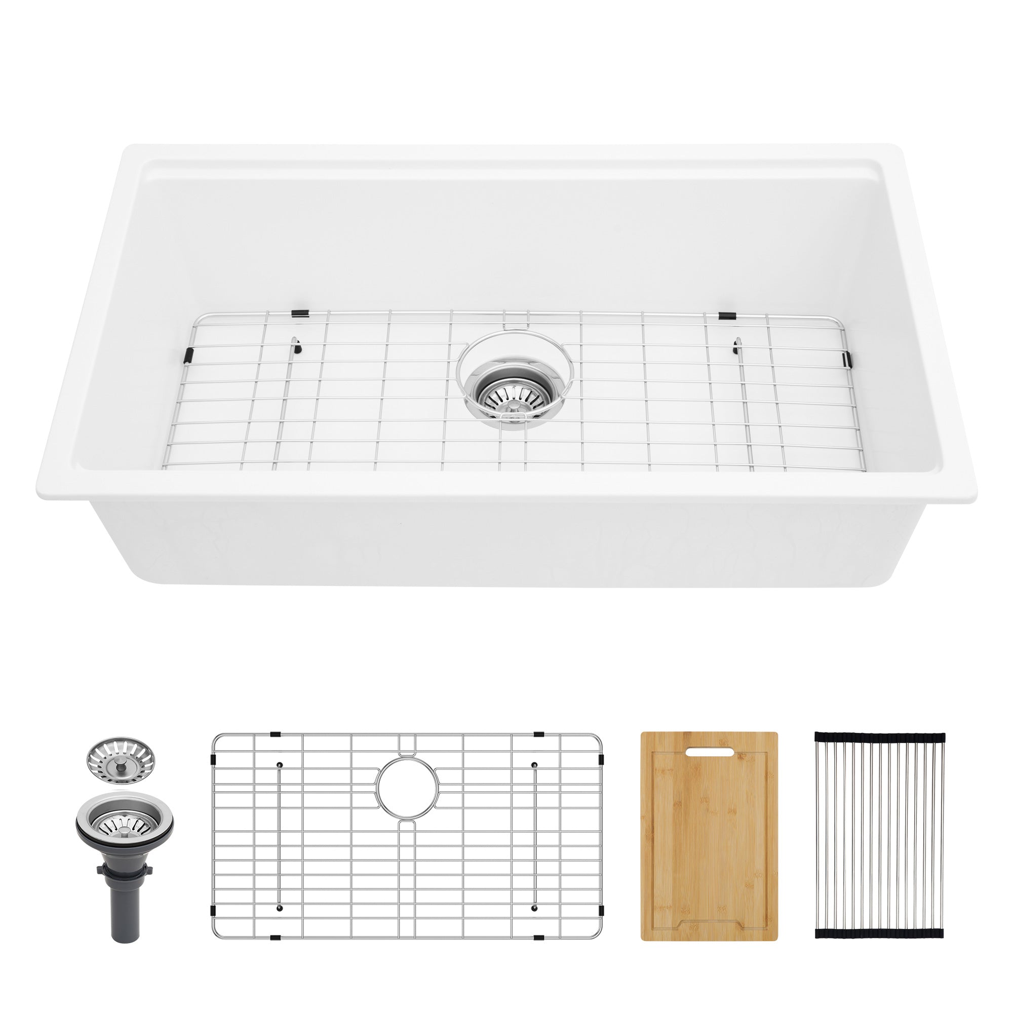 33" x 19" Undermount Single Bowl Quartz Composite Workstation Sink, Matte White