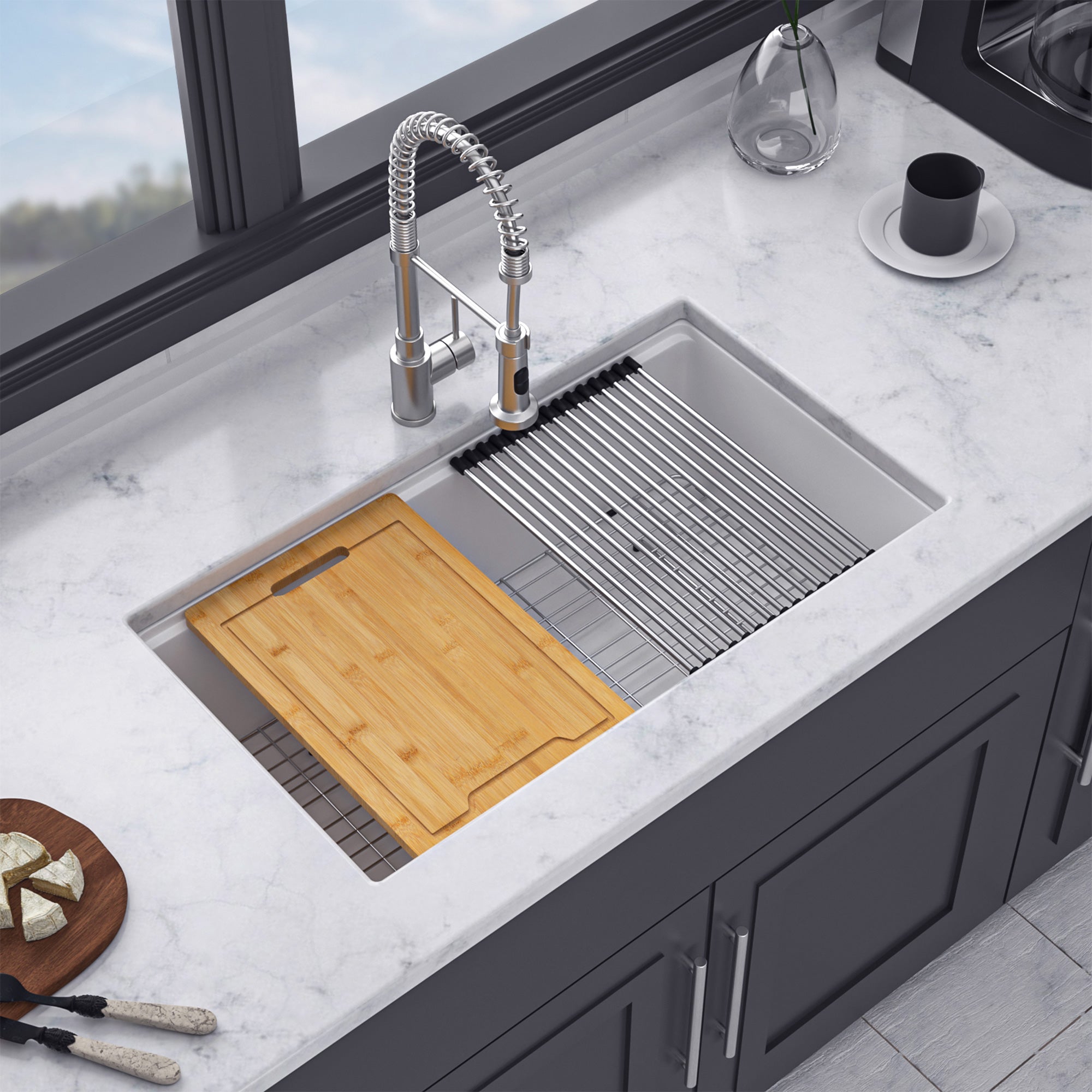 33" x 19" Undermount Single Bowl Quartz Composite Workstation Sink, Matte White