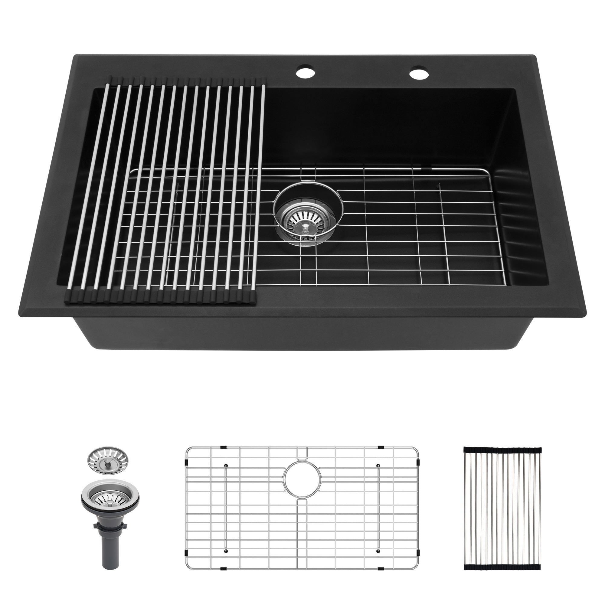 Évier de cuisine en composite de quartz et de granit à cuve simple à encastrer de 33 po x 22 po en noir mat RX-QS02-3322B