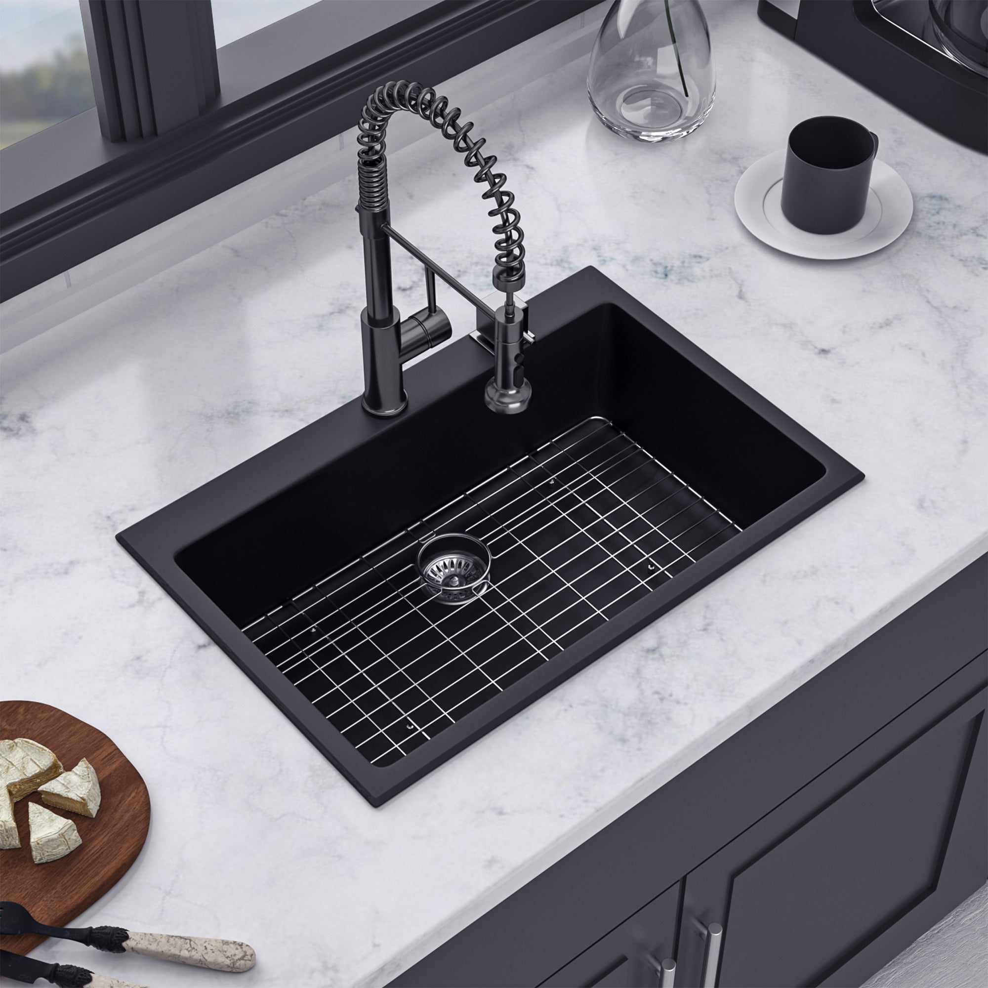 Évier de cuisine en composite de quartz et de granit à cuve simple à encastrer de 33 po x 22 po en noir mat RX-QS02-3322B