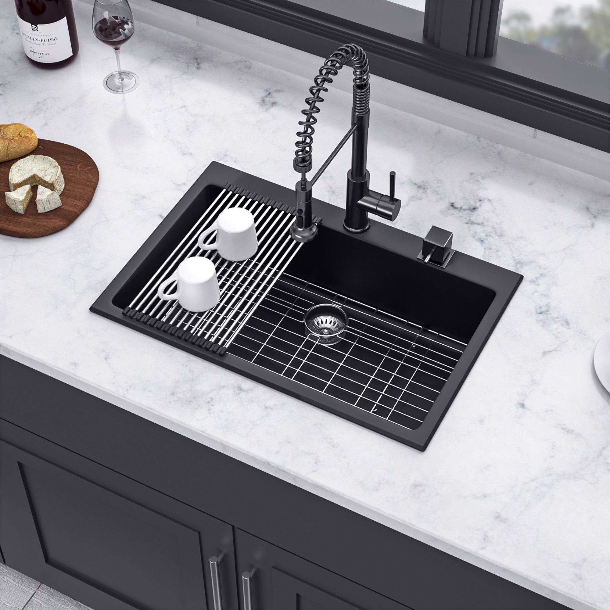 Évier de cuisine en composite de quartz et de granit à cuve simple à encastrer de 33 po x 22 po en noir mat RX-QS02-3322B