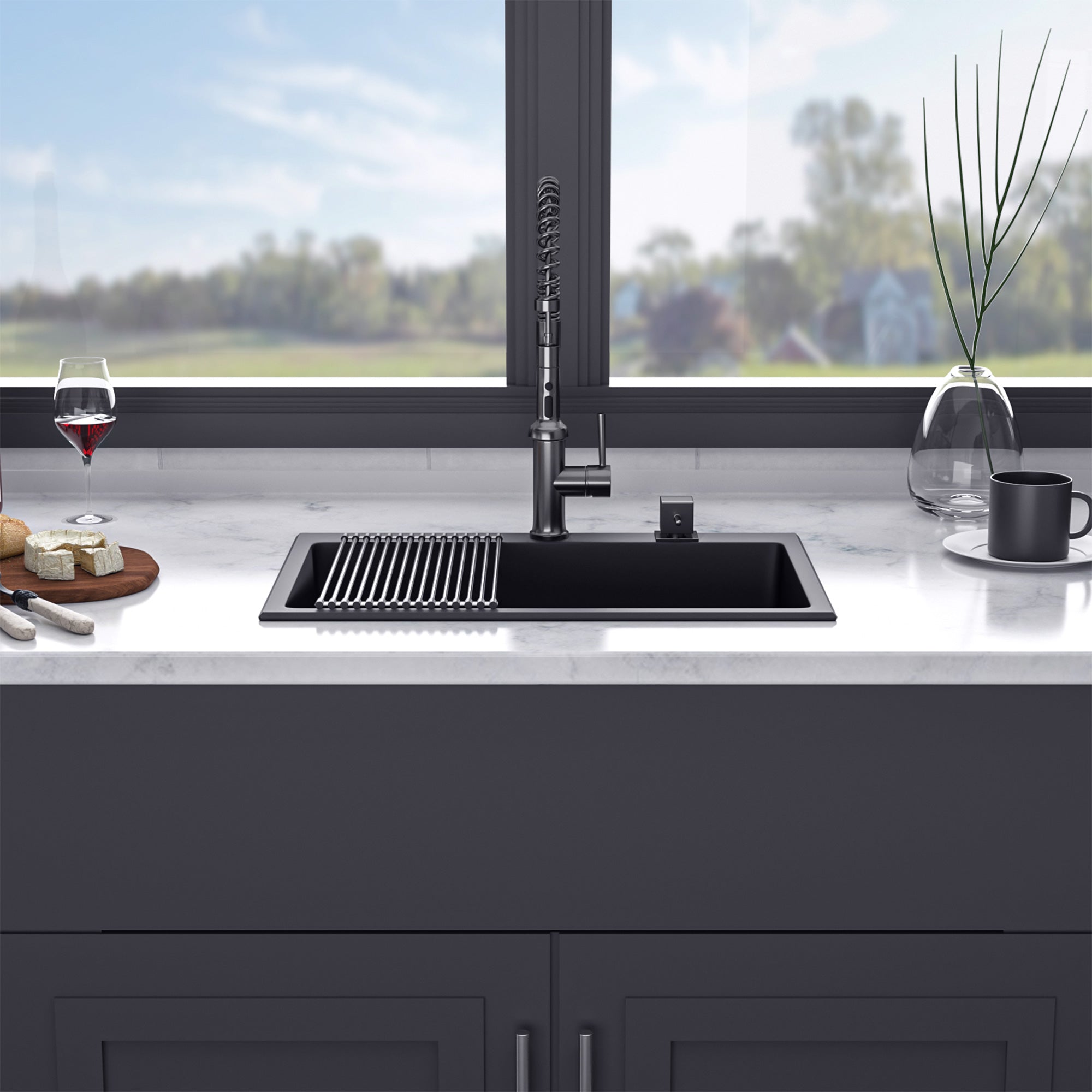 Évier de cuisine en composite de quartz et de granit à cuve simple à encastrer de 33 po x 22 po en noir mat RX-QS02-3322B