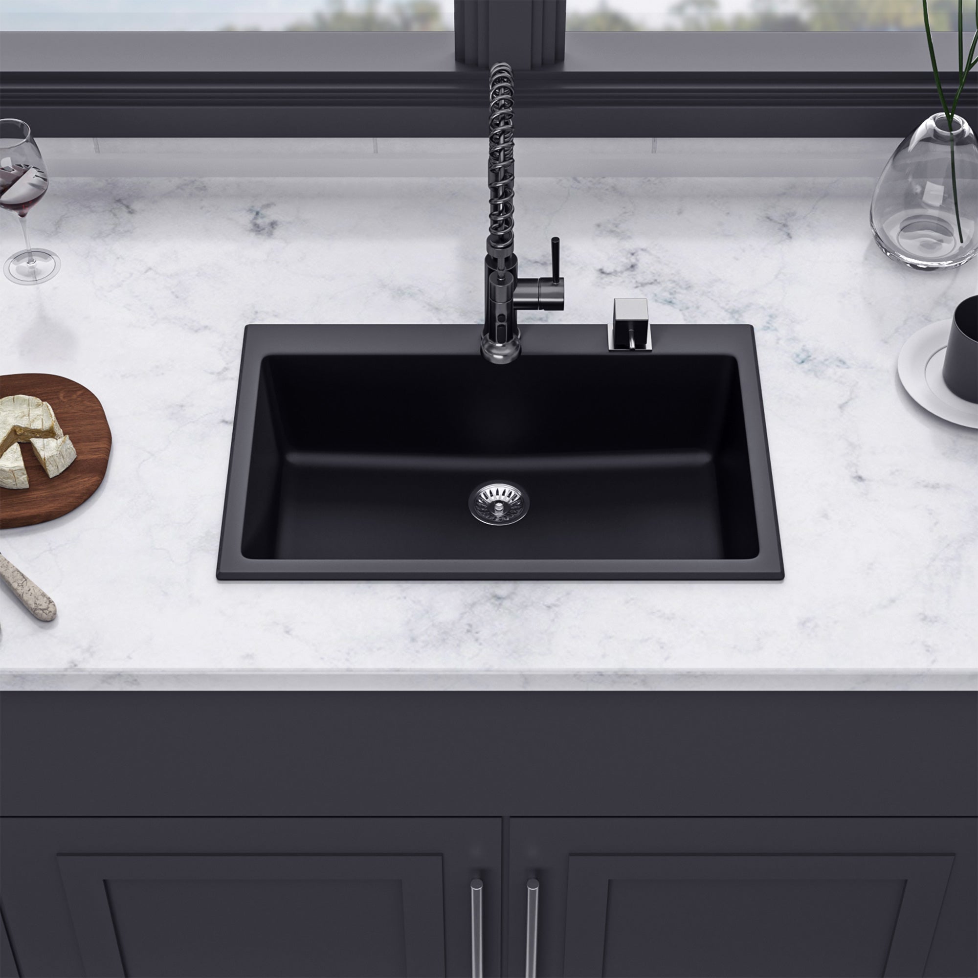 Évier de cuisine en composite de quartz et de granit à cuve simple à encastrer de 33 po x 22 po en noir mat RX-QS02-3322B