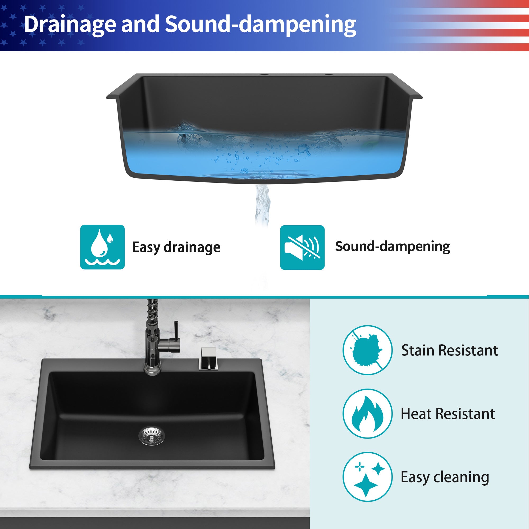 33" x 22" Drop-In Single Bowl Quartz Composite Kitchen Sink, Matte Black (QS02)