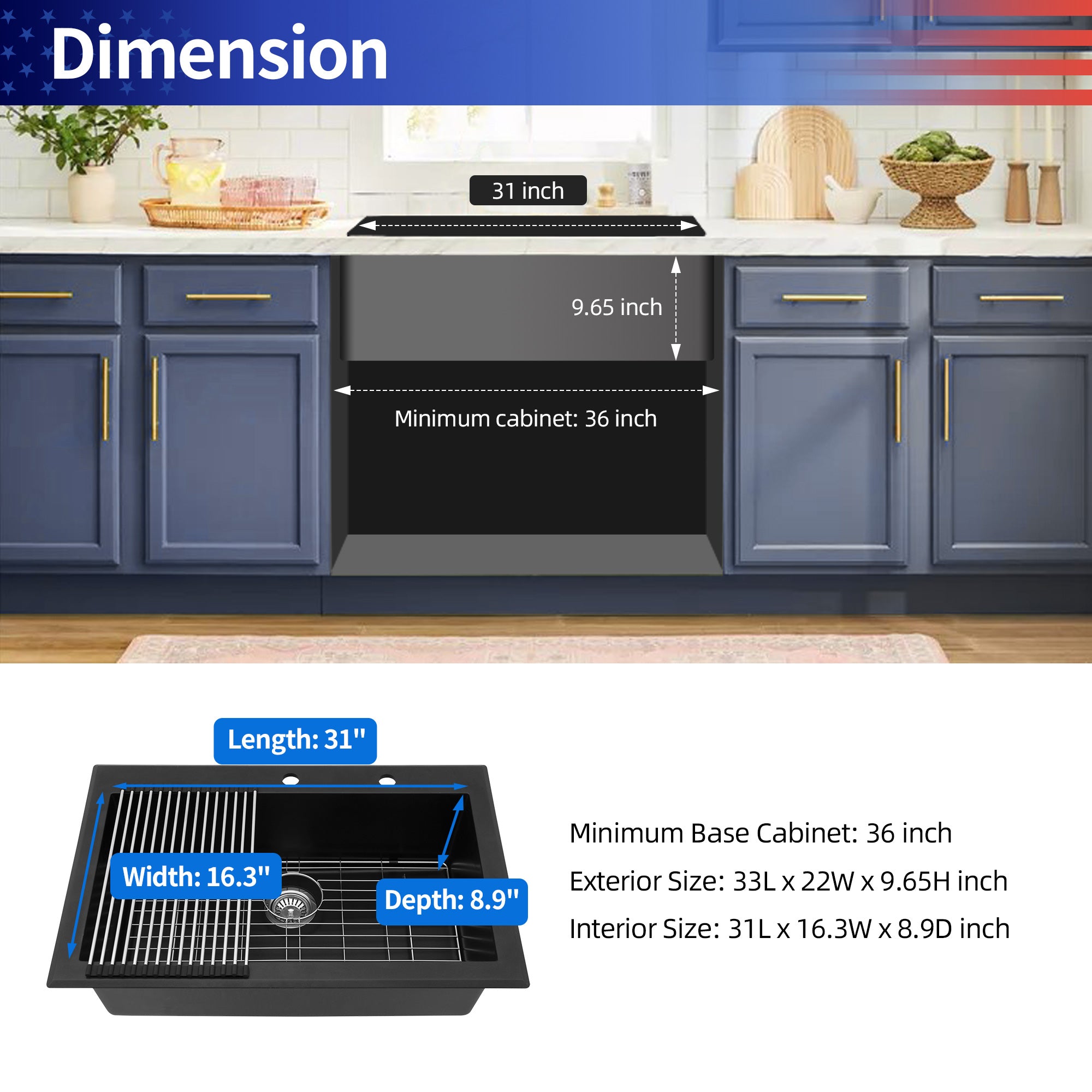 33" x 22" Drop-In Single Bowl Quartz Composite Kitchen Sink, Matte Black (QS02)
