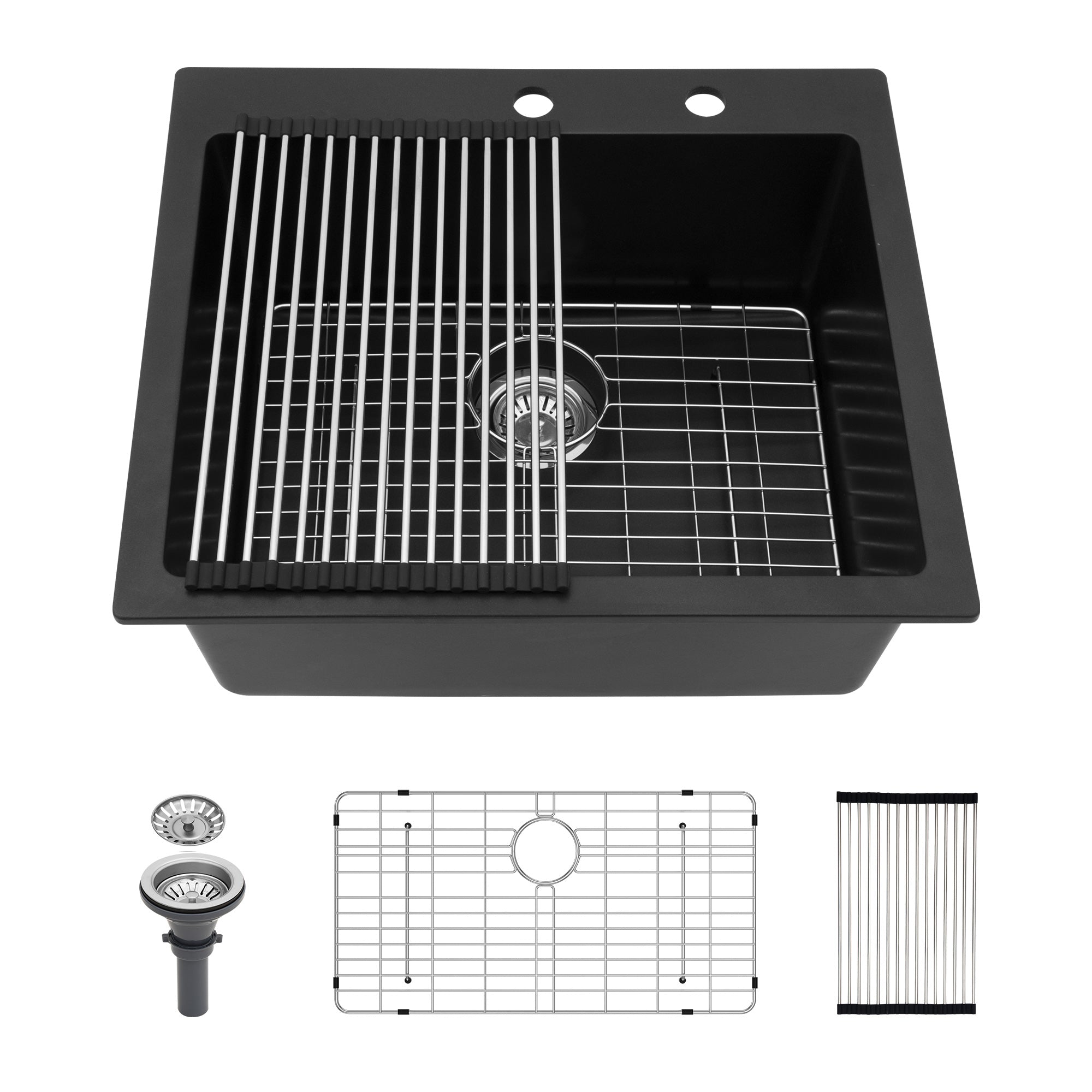 25" x 22" Drop-In Single Bowl Quartz Composite Kitchen Sink, Matte Black