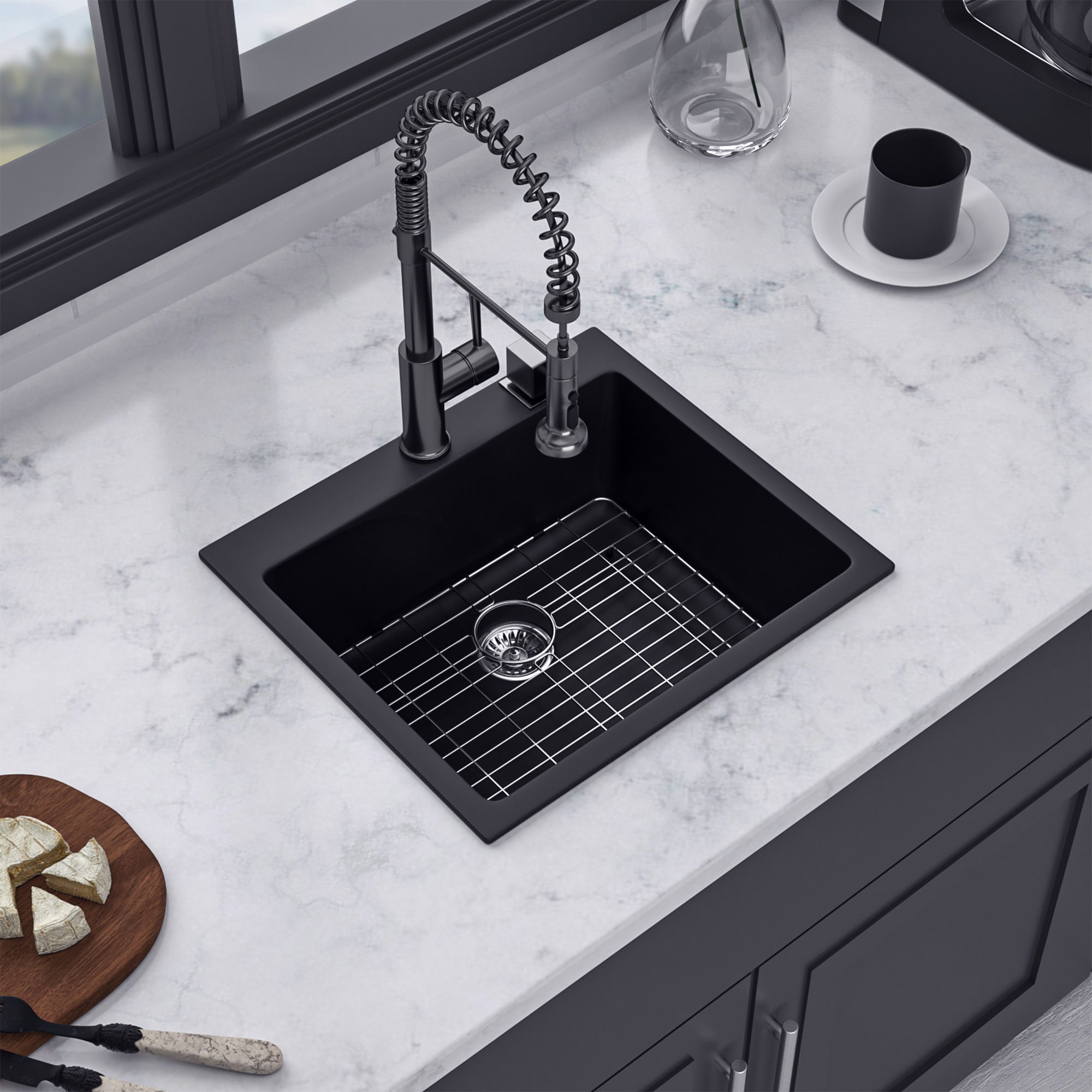 25" x 22" Drop-In Single Bowl Quartz Composite Kitchen Sink, Matte Black