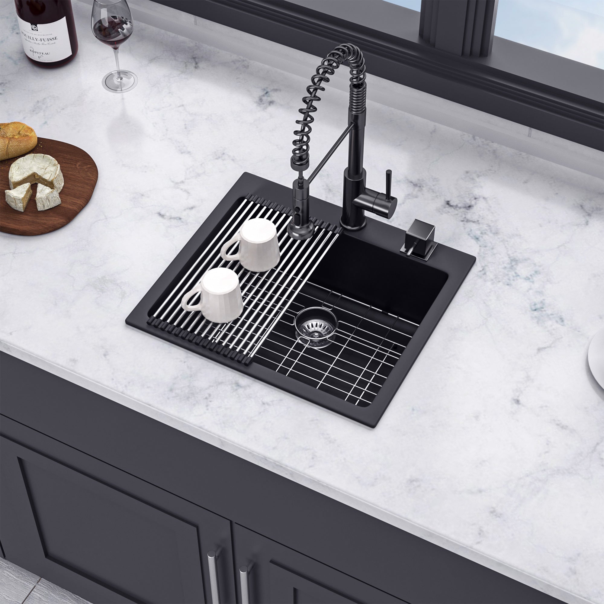 25" x 22" Drop-In Single Bowl Quartz Composite Kitchen Sink, Matte Black