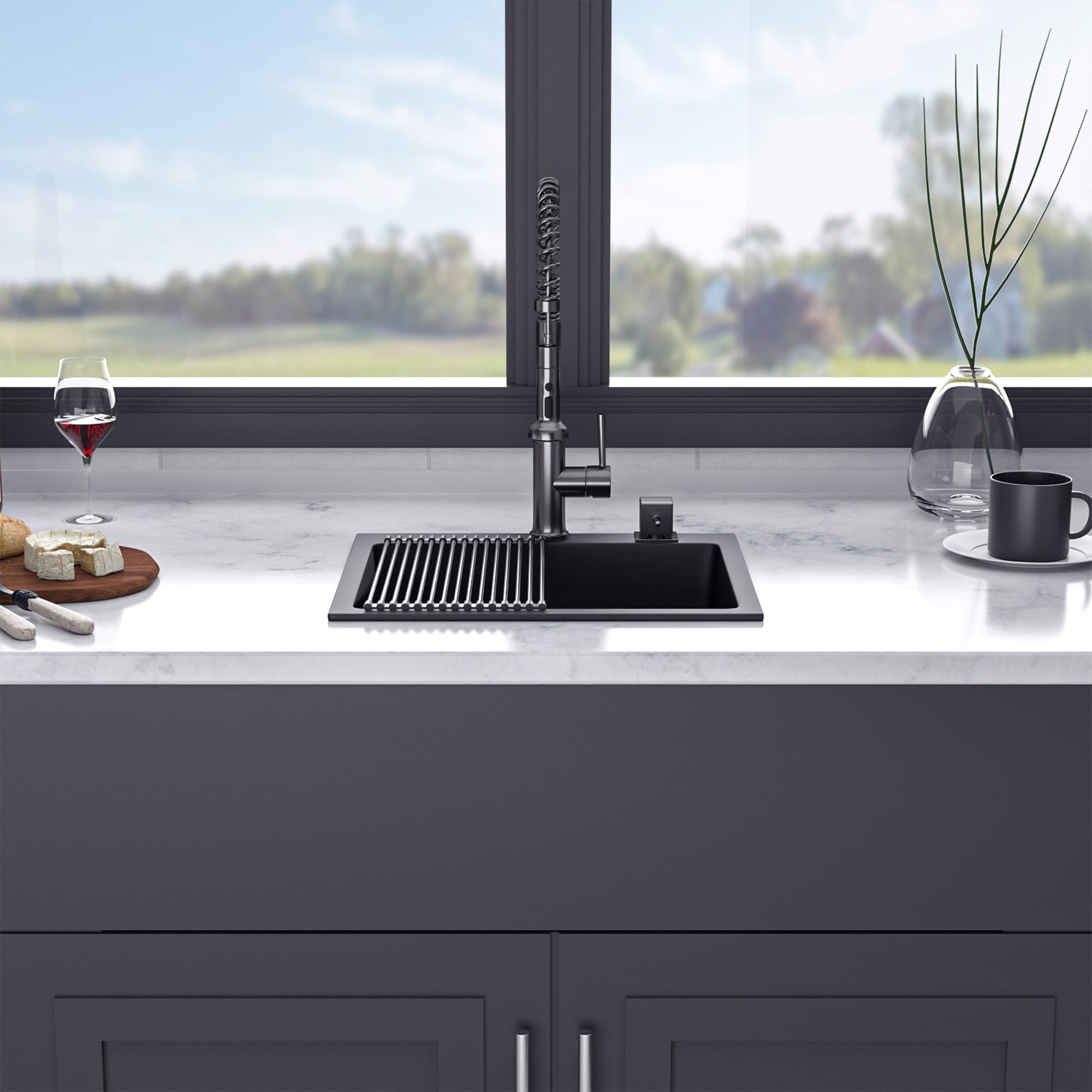25" x 22" Drop-In Single Bowl Quartz Composite Kitchen Sink, Matte Black