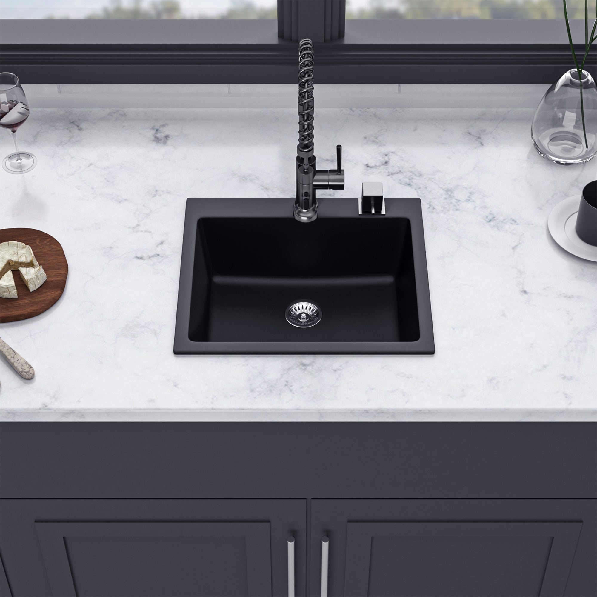 25" x 22" Drop-In Single Bowl Quartz Composite Kitchen Sink, Matte Black