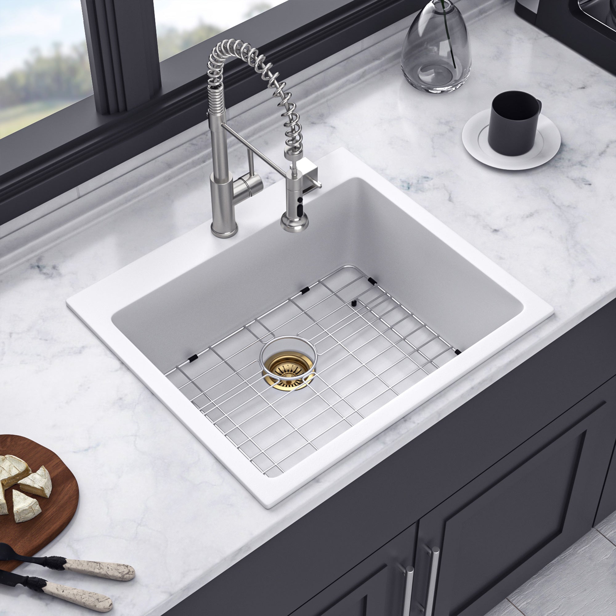 25" x 22" Drop-In Single Bowl Quartz Composite Kitchen Sink, Matte White