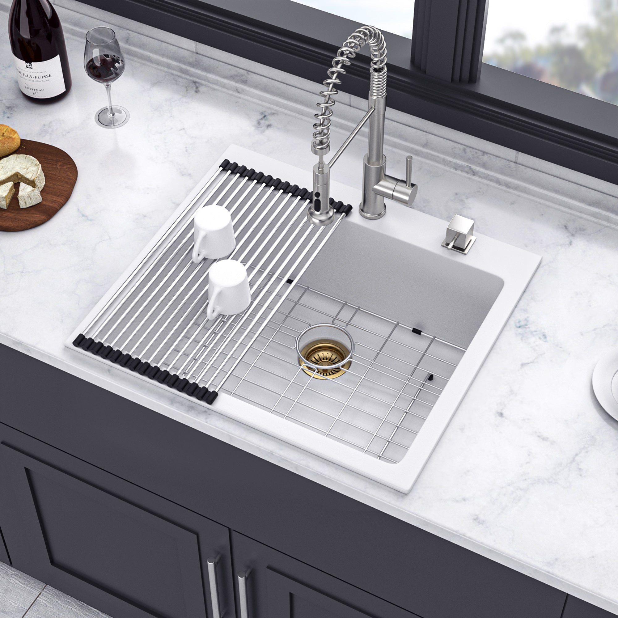 25" x 22" Drop-In Single Bowl Quartz Composite Kitchen Sink, Matte White