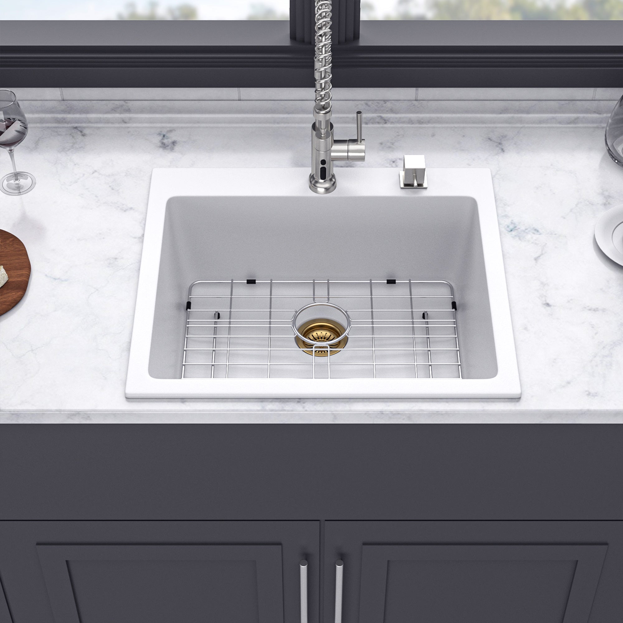 25" x 22" Drop-In Single Bowl Quartz Composite Kitchen Sink, Matte White