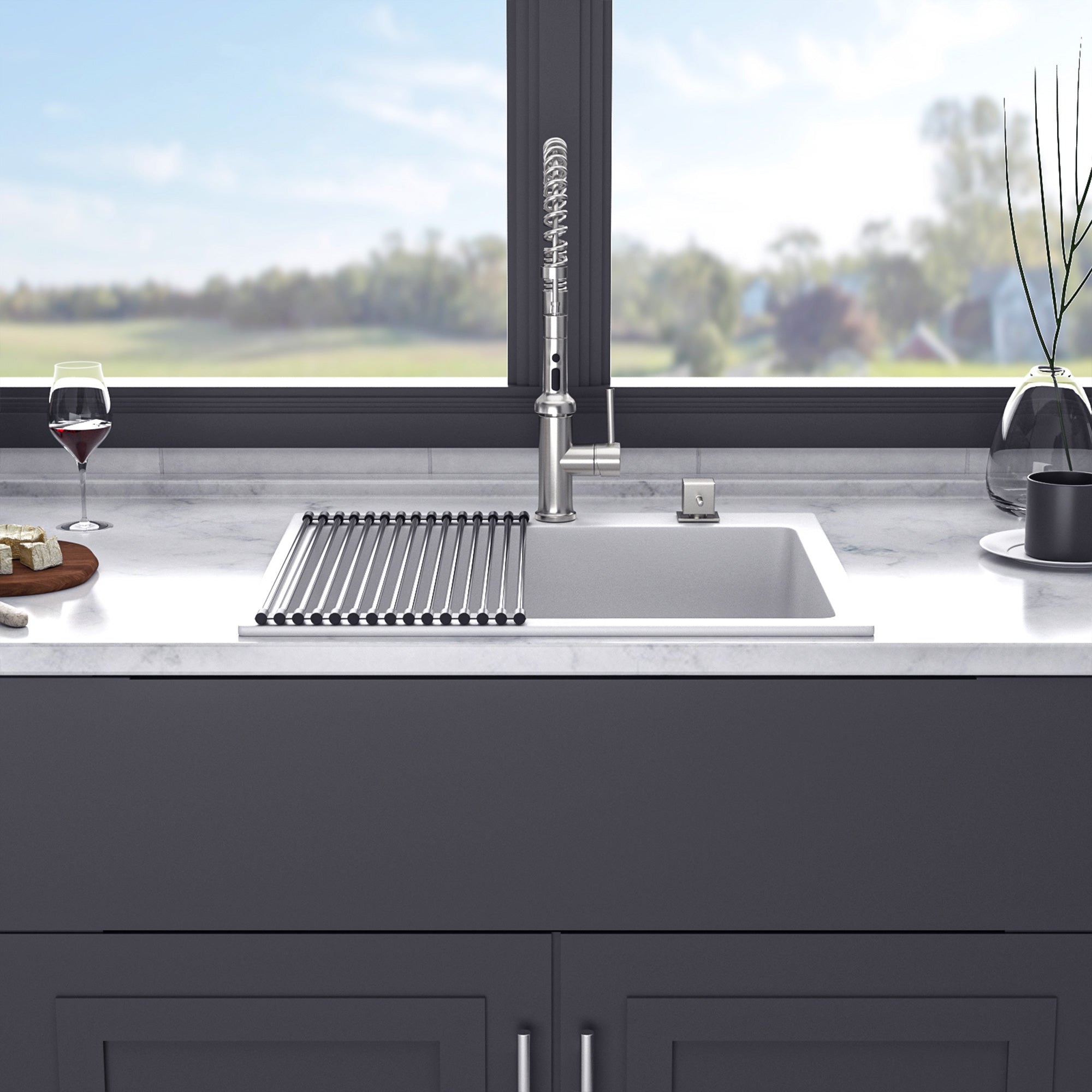 25" x 22" Drop-In Single Bowl Quartz Composite Kitchen Sink, Matte White