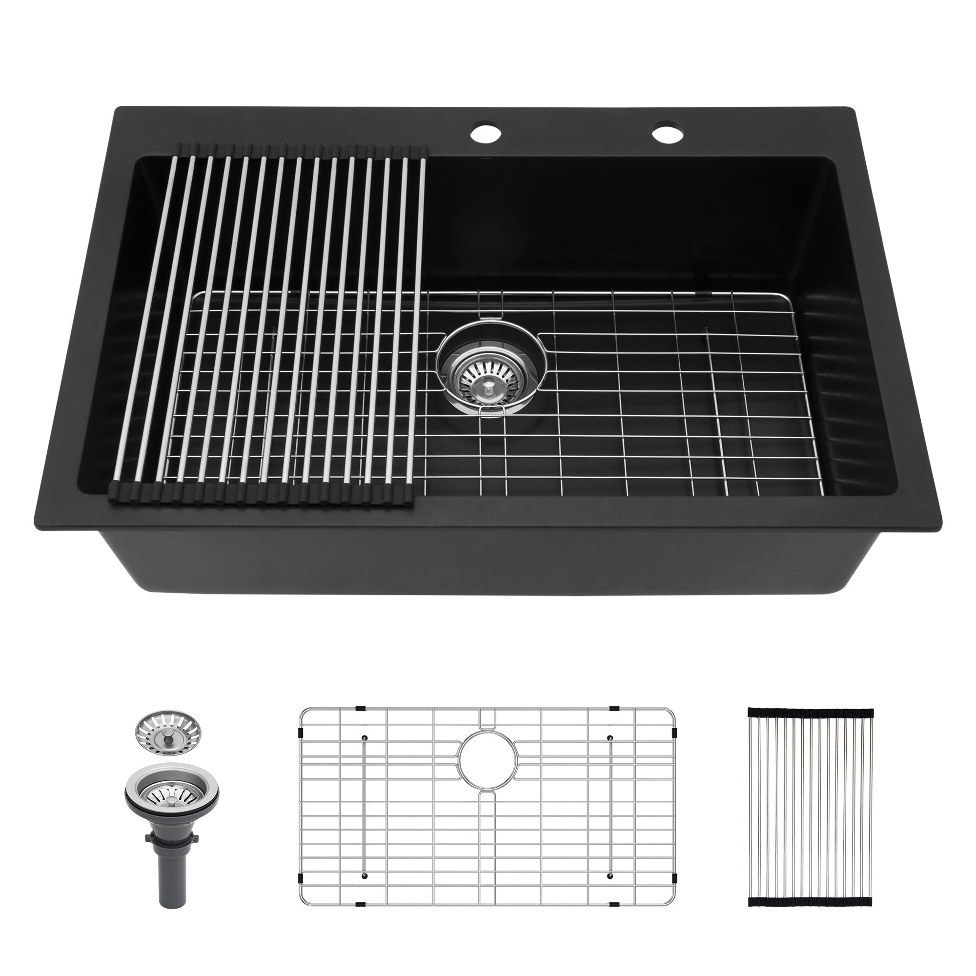 33" x 22" Drop-In Single Bowl Quartz Composite Kitchen Sink, Matte Black