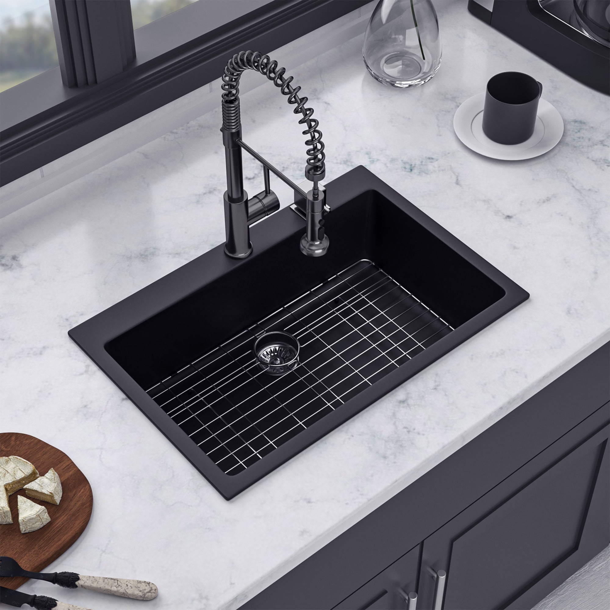 33" x 22" Drop-In Single Bowl Quartz Composite Kitchen Sink, Matte Black