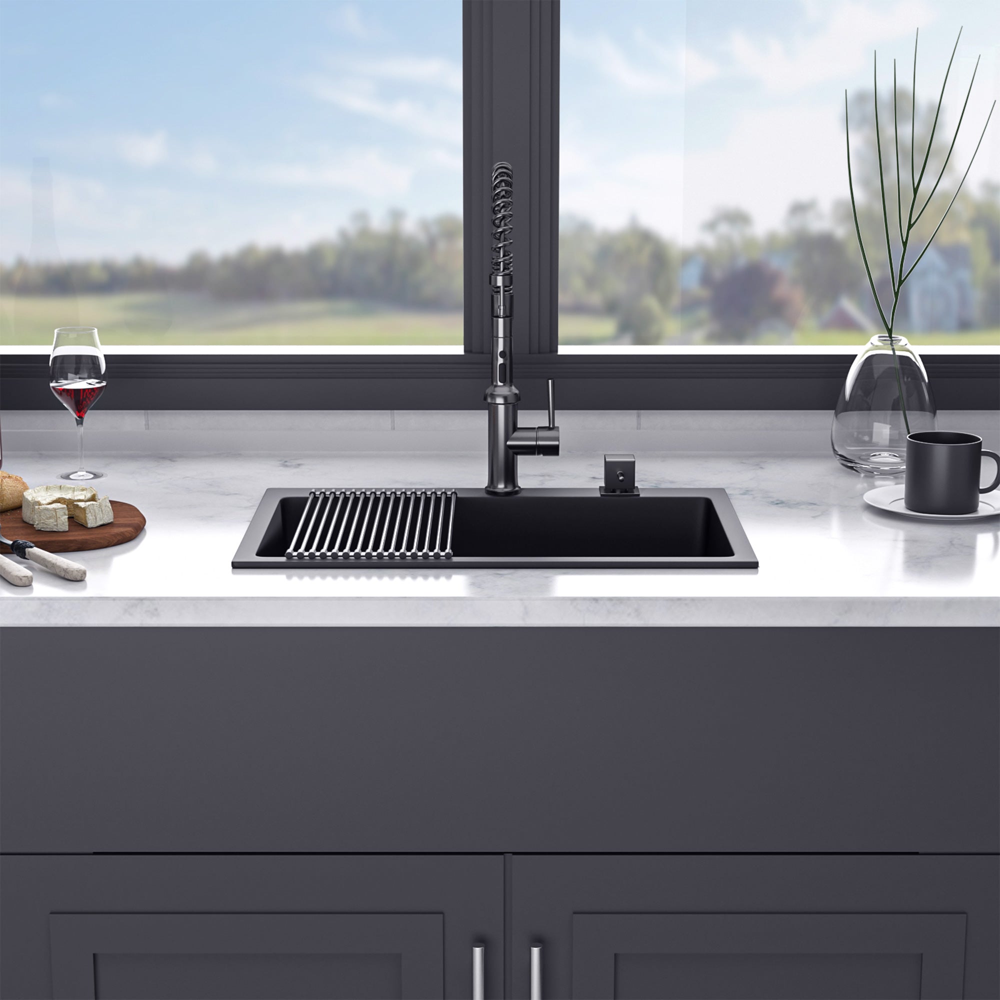 33" x 22" Drop-In Single Bowl Quartz Composite Kitchen Sink, Matte Black