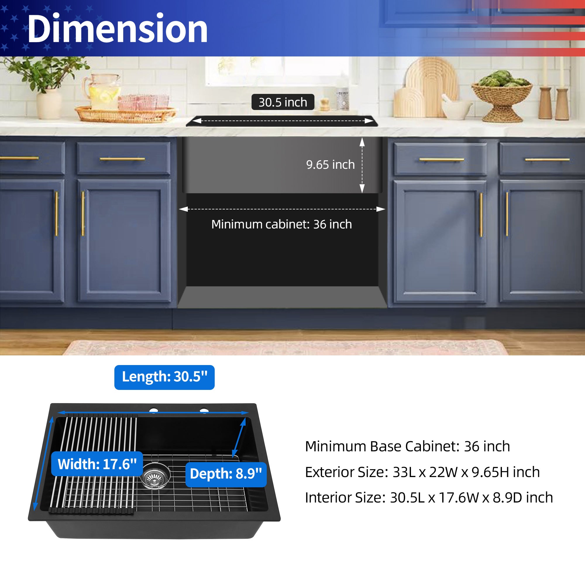 33" x 22" Drop-In Single Bowl Quartz Composite Kitchen Sink, Matte Black
