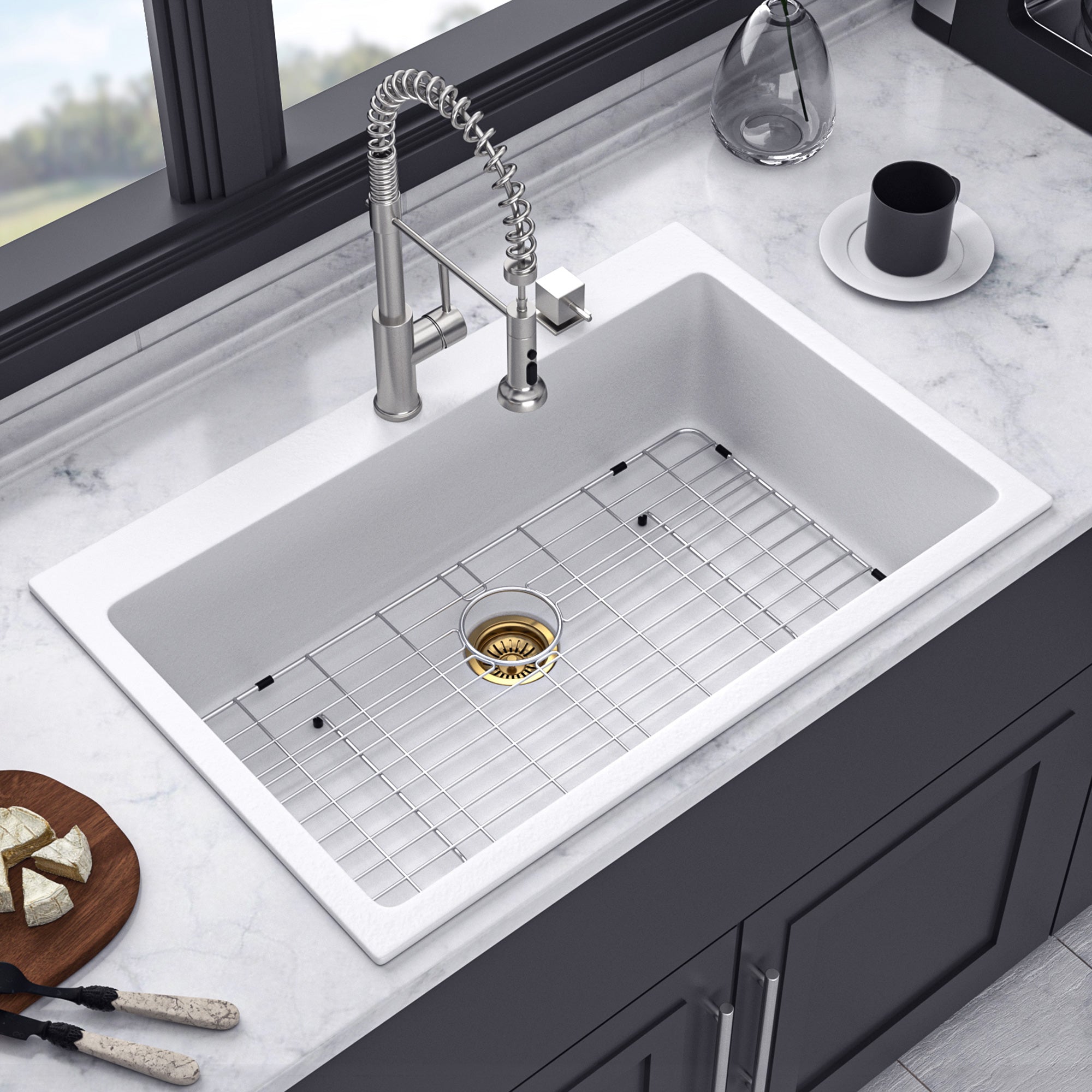 33" x 22" Drop-In Single Bowl Quartz Composite Kitchen Sink, Matte White