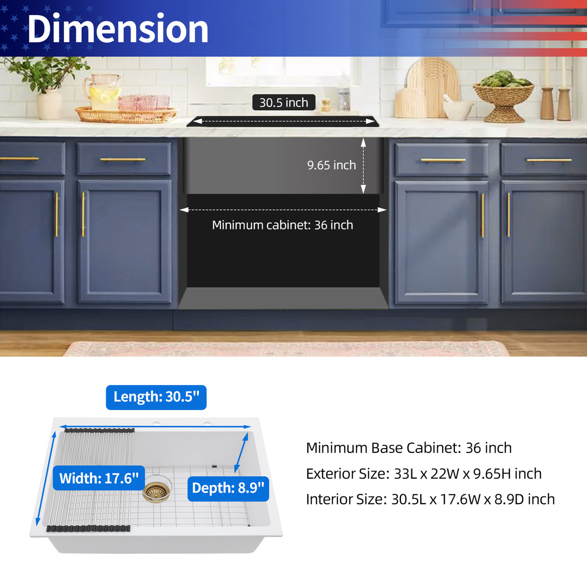 RAINLEX 33" x 22" Drop-In Kitchen Sink in Matte White