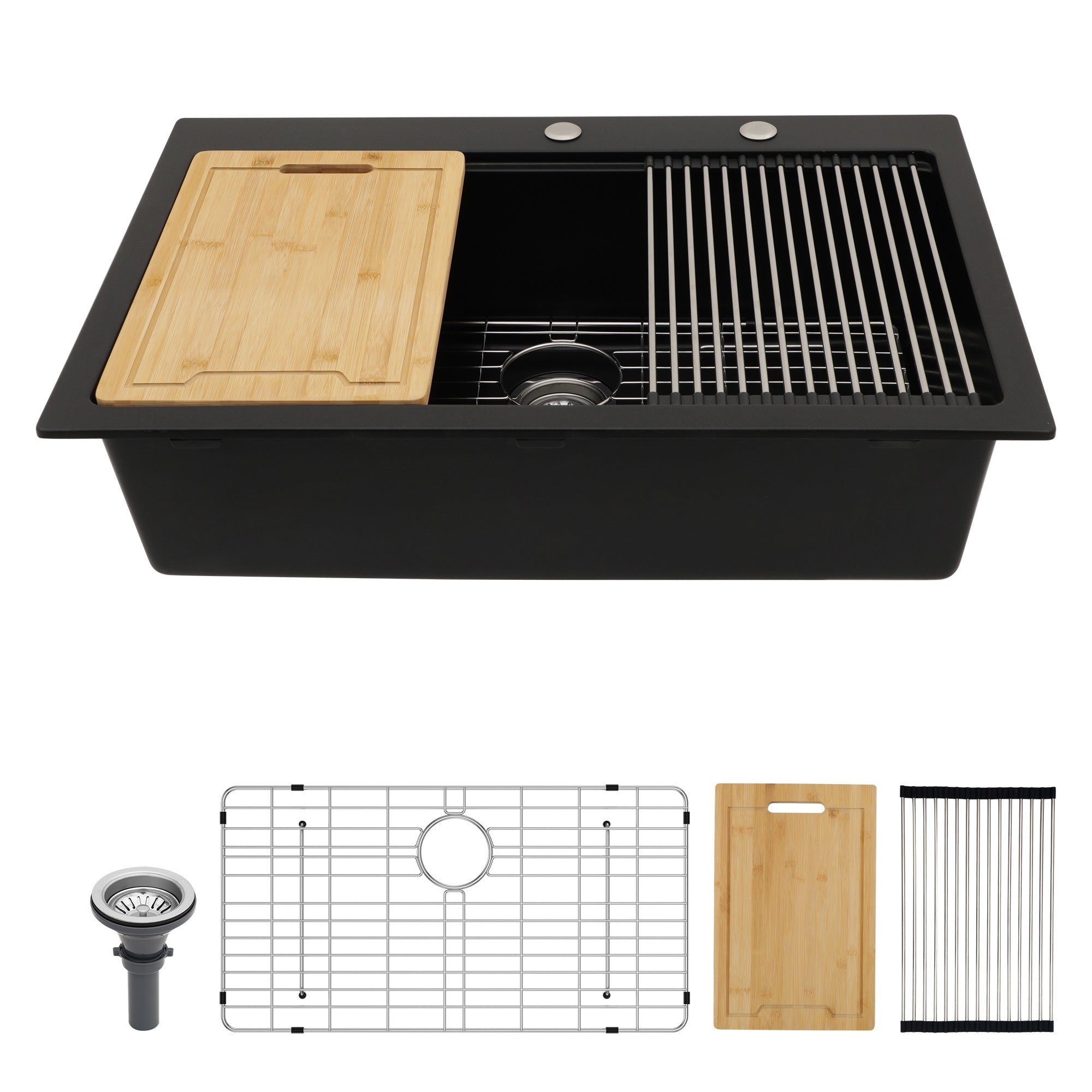 33" x 22" Drop-In Single Bowl Quartz Composite Workstation Sink, Matte Black
