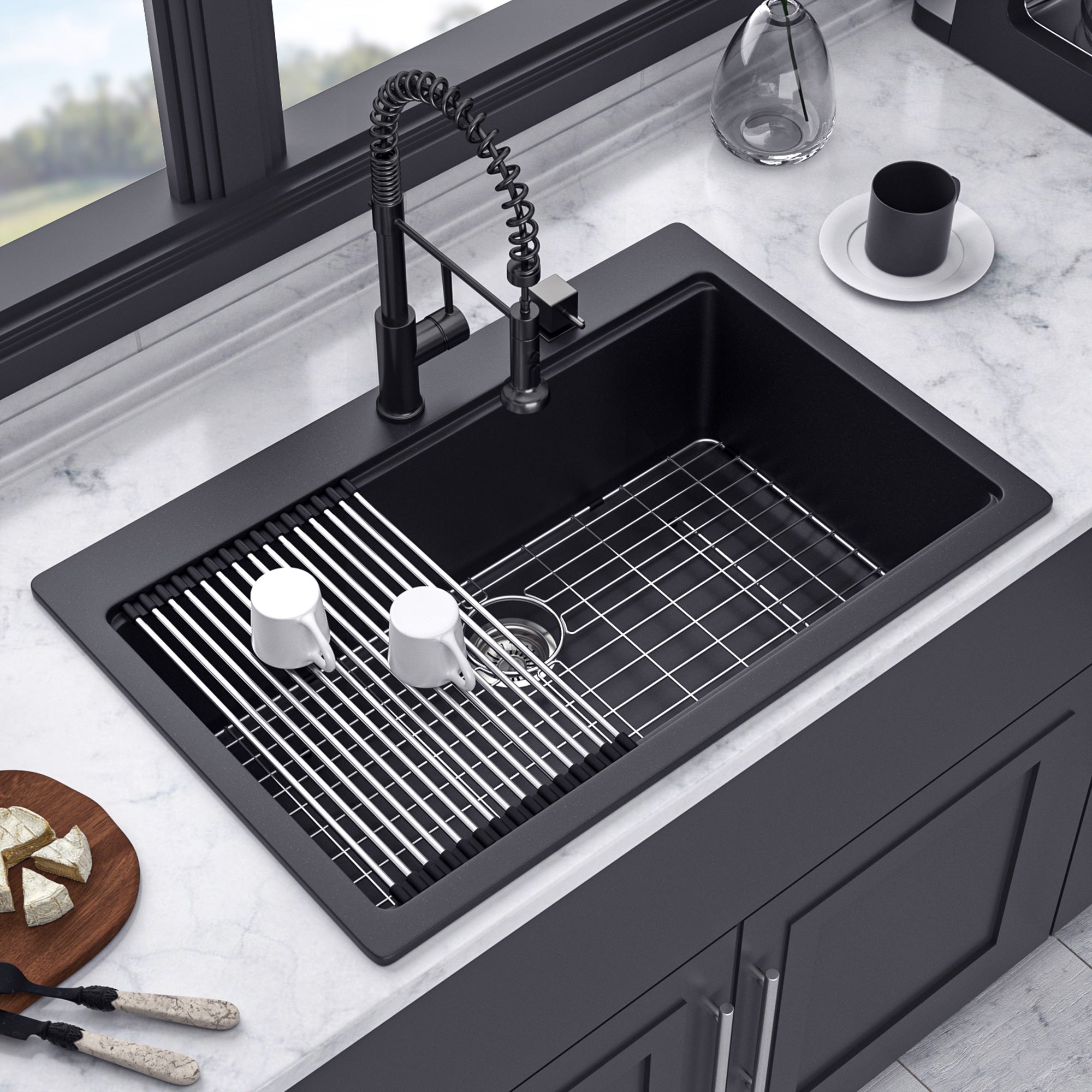 33" x 22" Drop-In Single Bowl Quartz Composite Workstation Sink, Matte Black