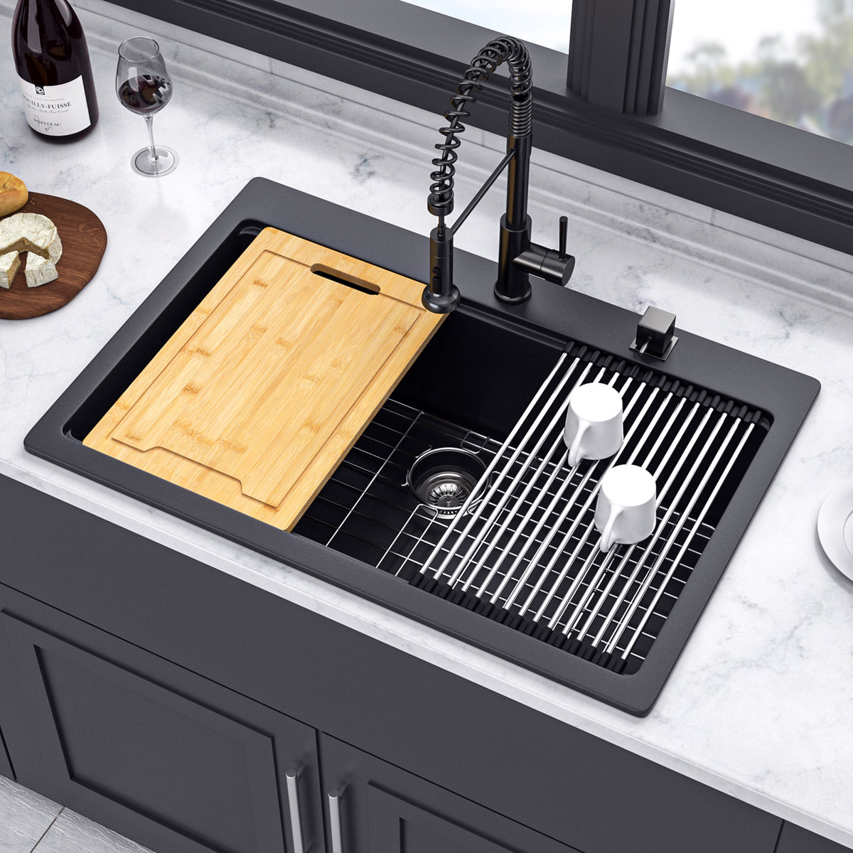 33" x 22" Drop-In Single Bowl Quartz Composite Workstation Sink, Matte Black