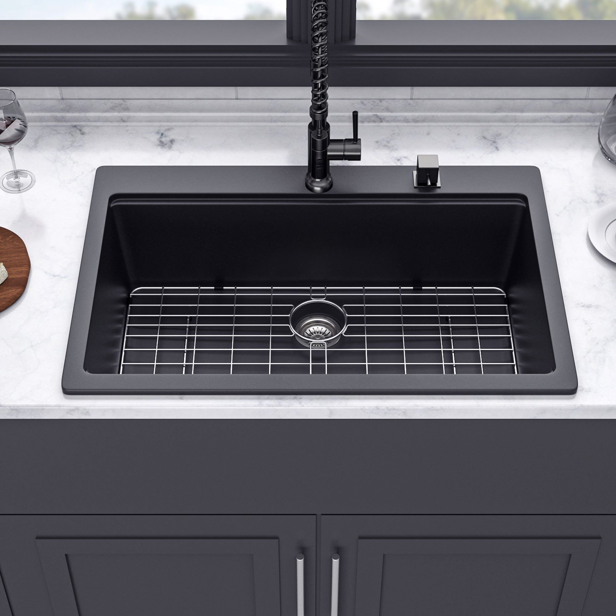 33" x 22" Drop-In Single Bowl Quartz Composite Workstation Sink, Matte Black