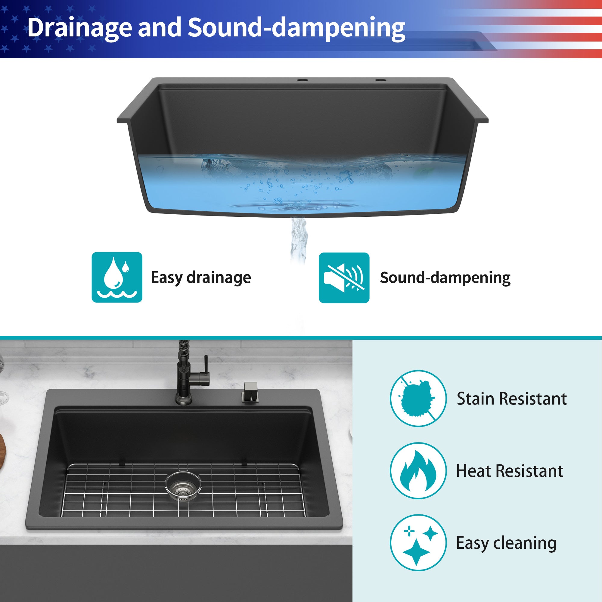 33" x 22" Drop-In Single Bowl Quartz Composite Workstation Sink, Matte Black