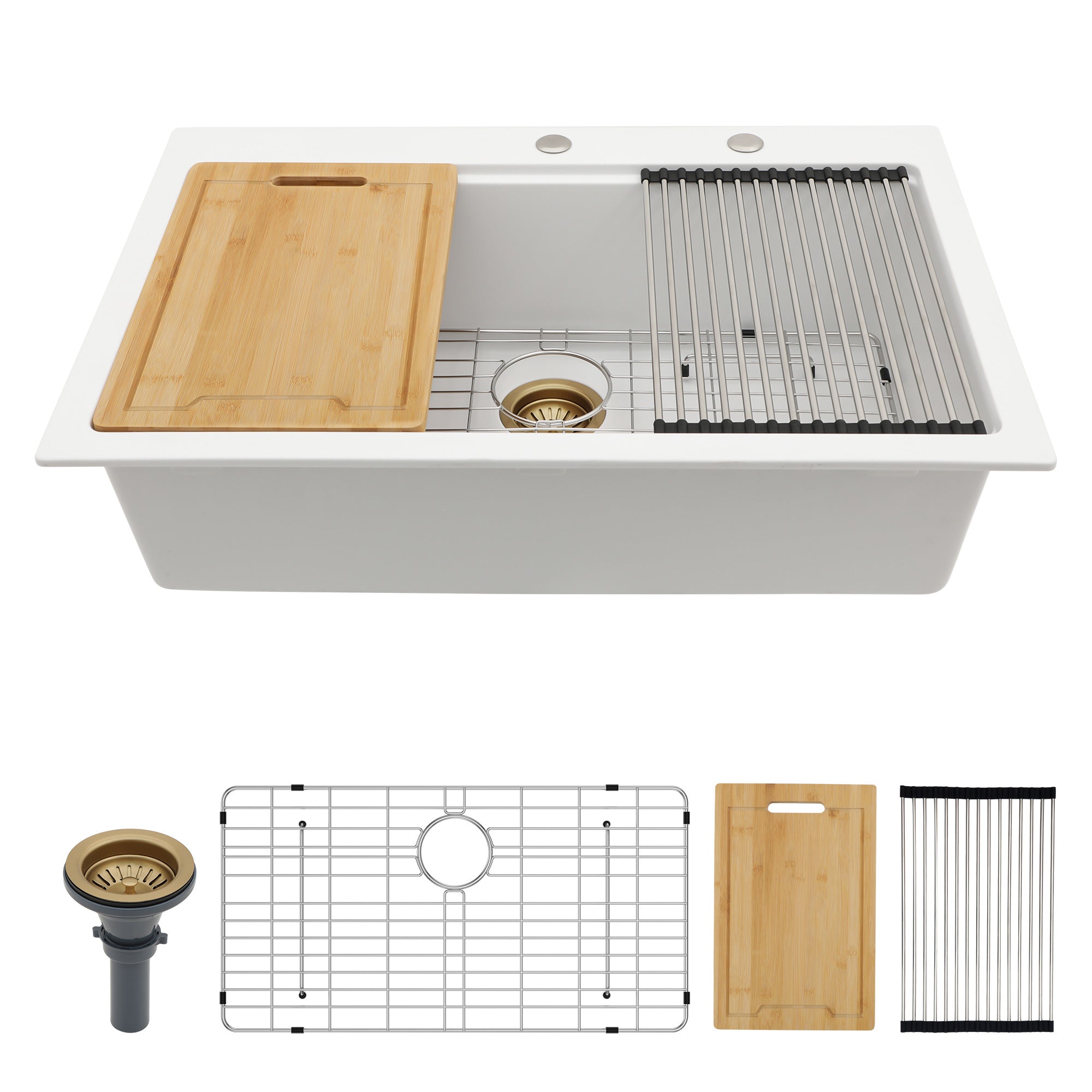 33" x 22" Drop-In Single Bowl Quartz Composite Workstation Sink, Matte White-RX-QS04-3322W