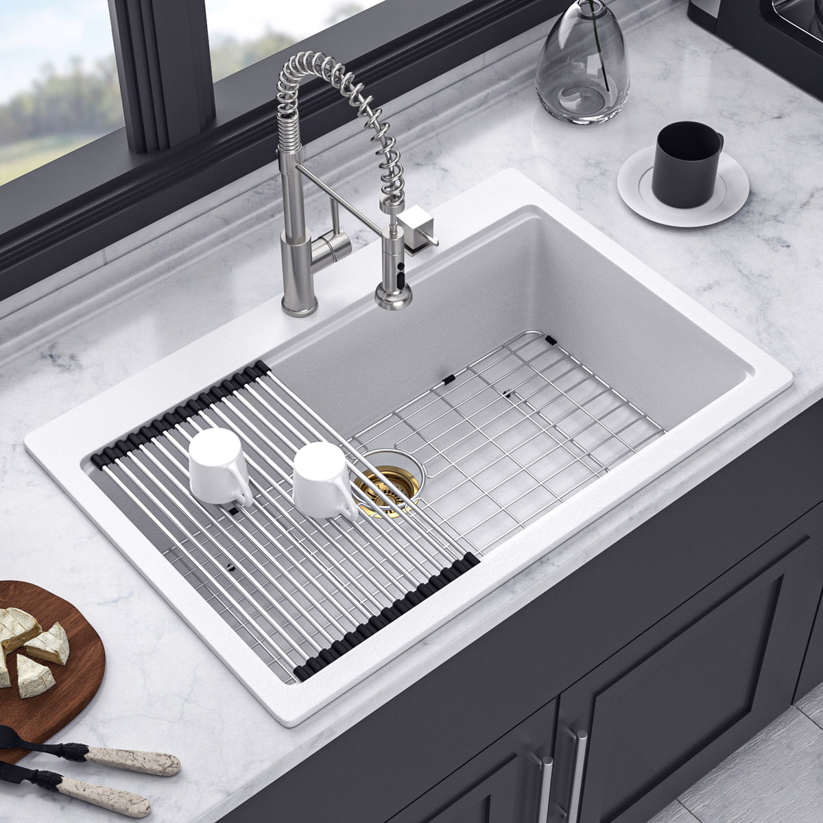 RAINLEX 33" x 22" Drop-In Workstation Kitchen Sink in Matte White