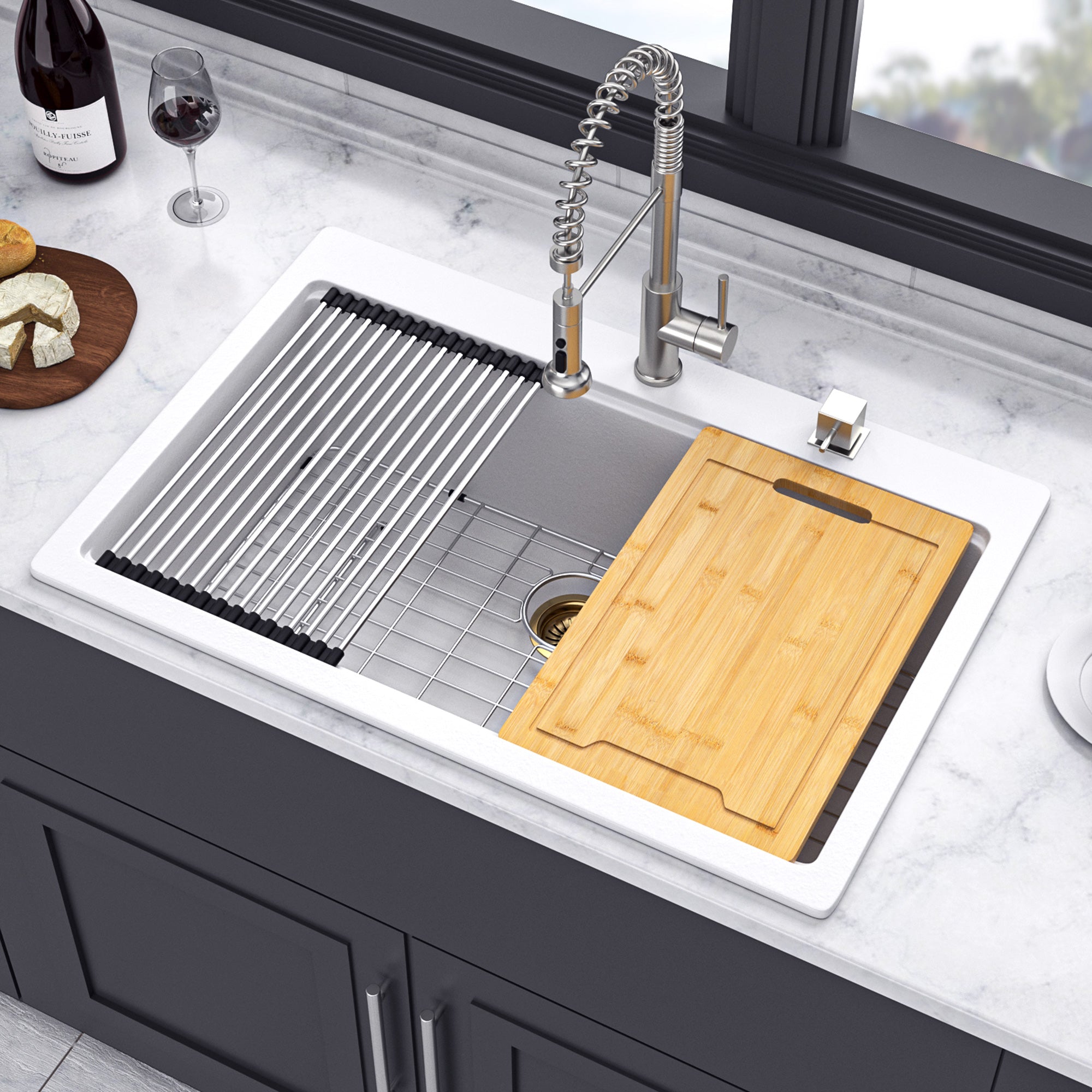 33" x 22" Drop-In Single Bowl Quartz Composite Workstation Sink, Matte White-RX-QS04-3322W