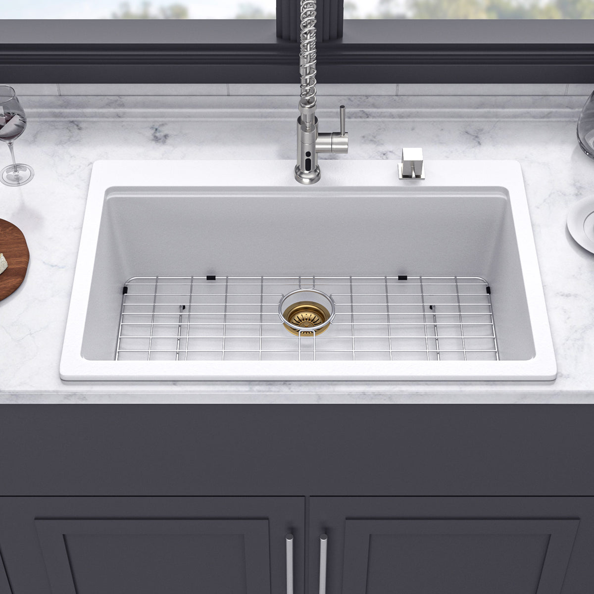 RAINLEX 33" x 22" Drop-In Workstation Kitchen Sink in Matte White