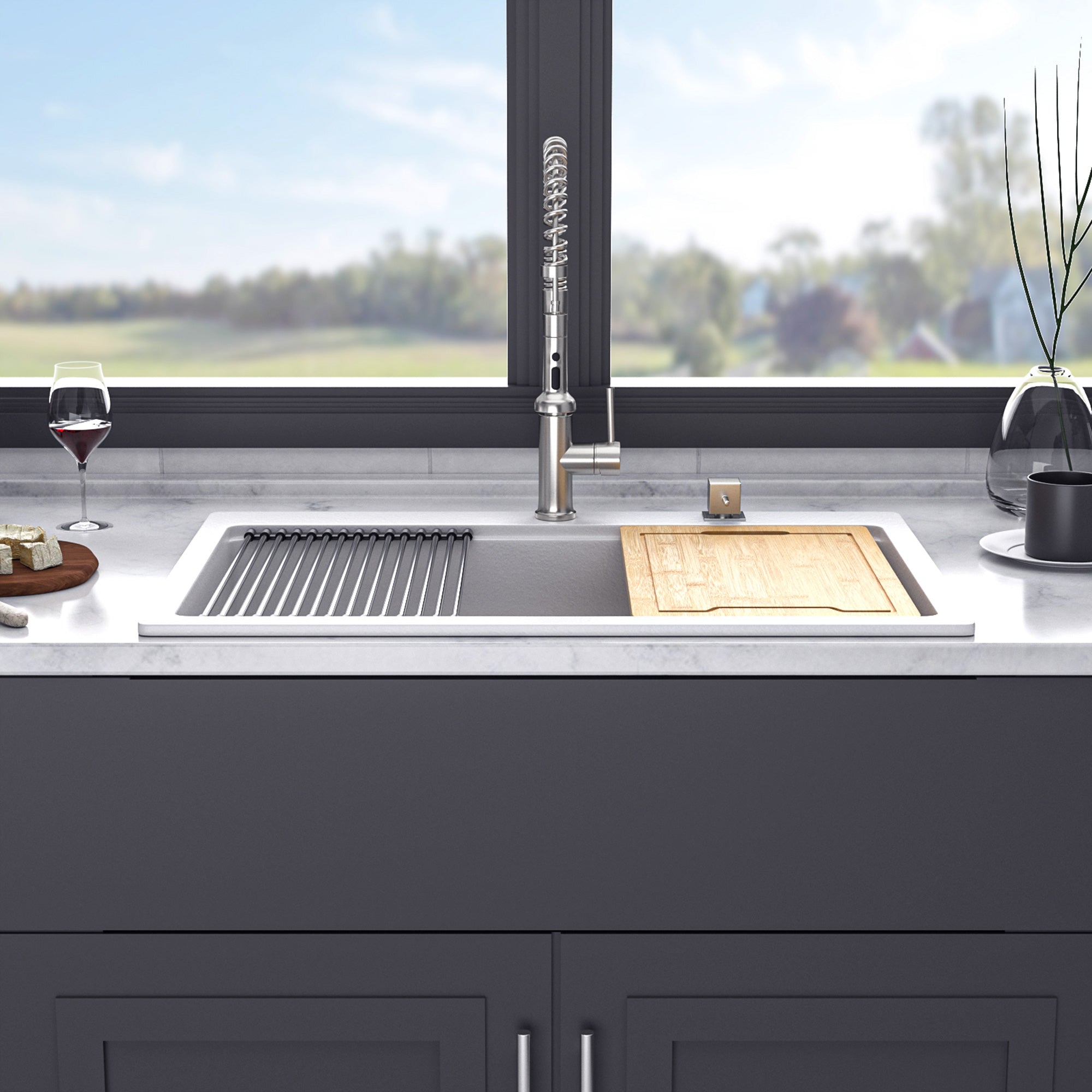 33" x 22" Drop-in Single Bowl Quartz/Granite Composite Kitchen Sink with Workstation in Matte White RX-QS04-3322W
