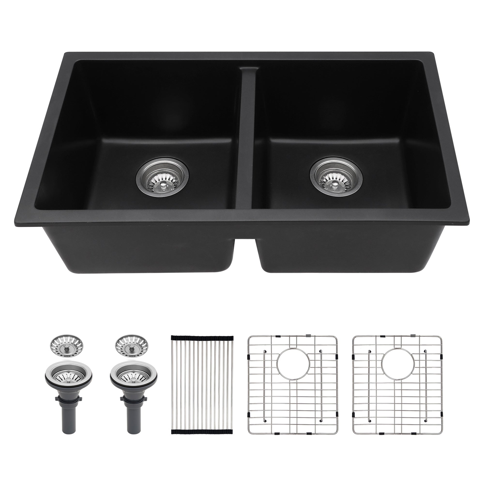 33" x 19" Drop-in Double Bowl Quartz/Granite Composite Kitchen Sink in Matte Black RX-QS05-3319B-55
